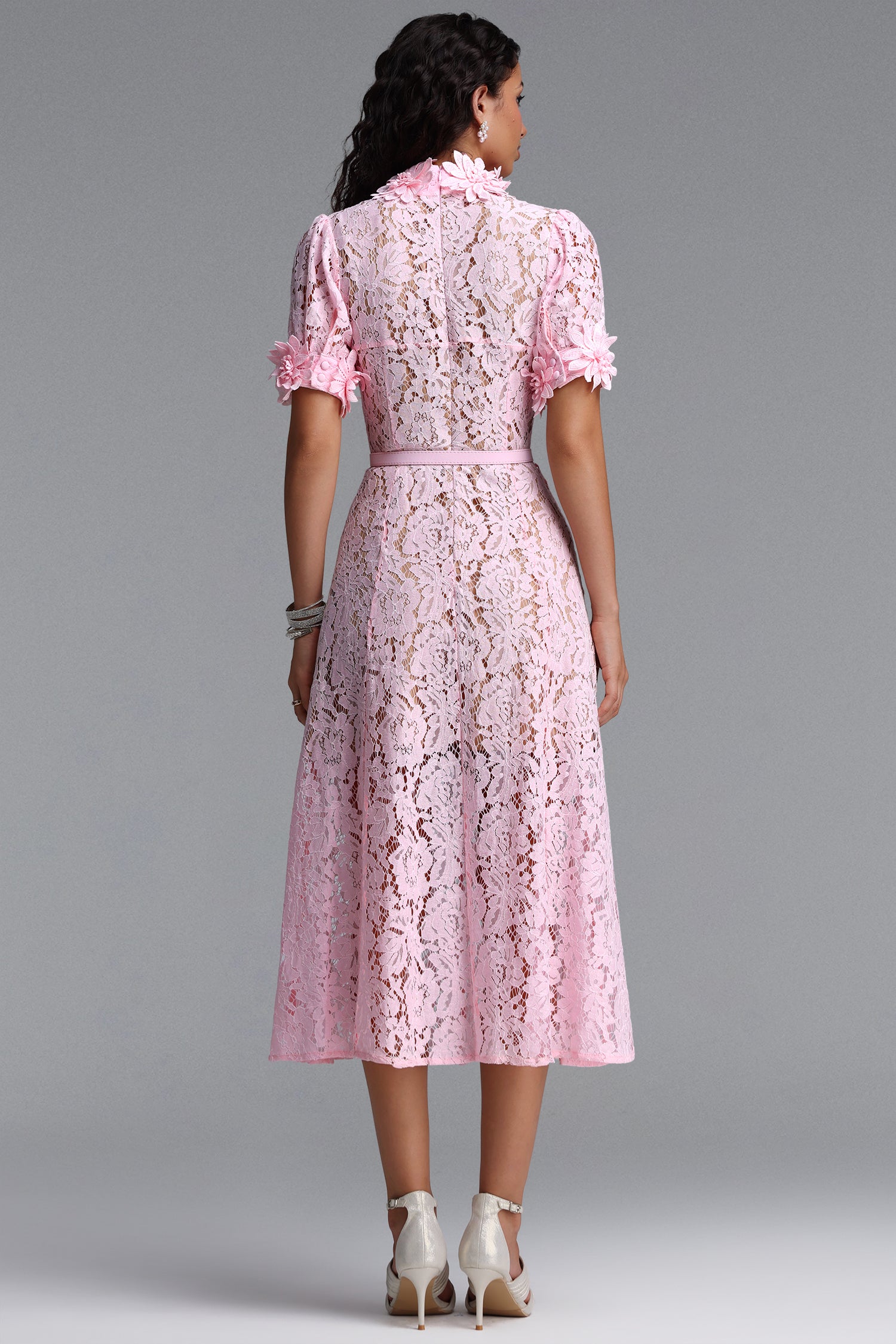 Tusare Elegant Tailored Short Sleeve Floral Lace Pink Maxi Dress	