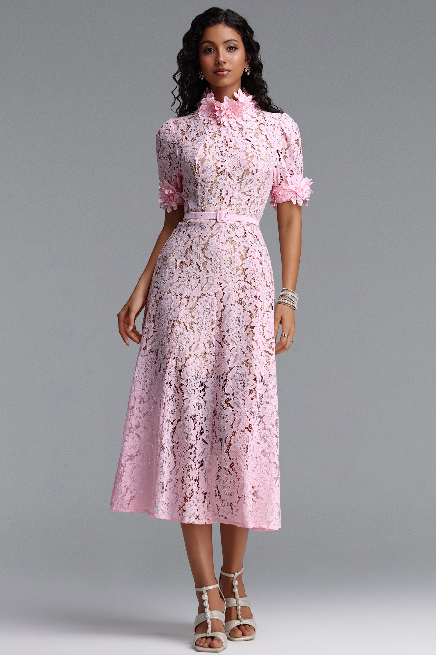 Tusare Elegant Tailored Short Sleeve Floral Lace Pink Maxi Dress	