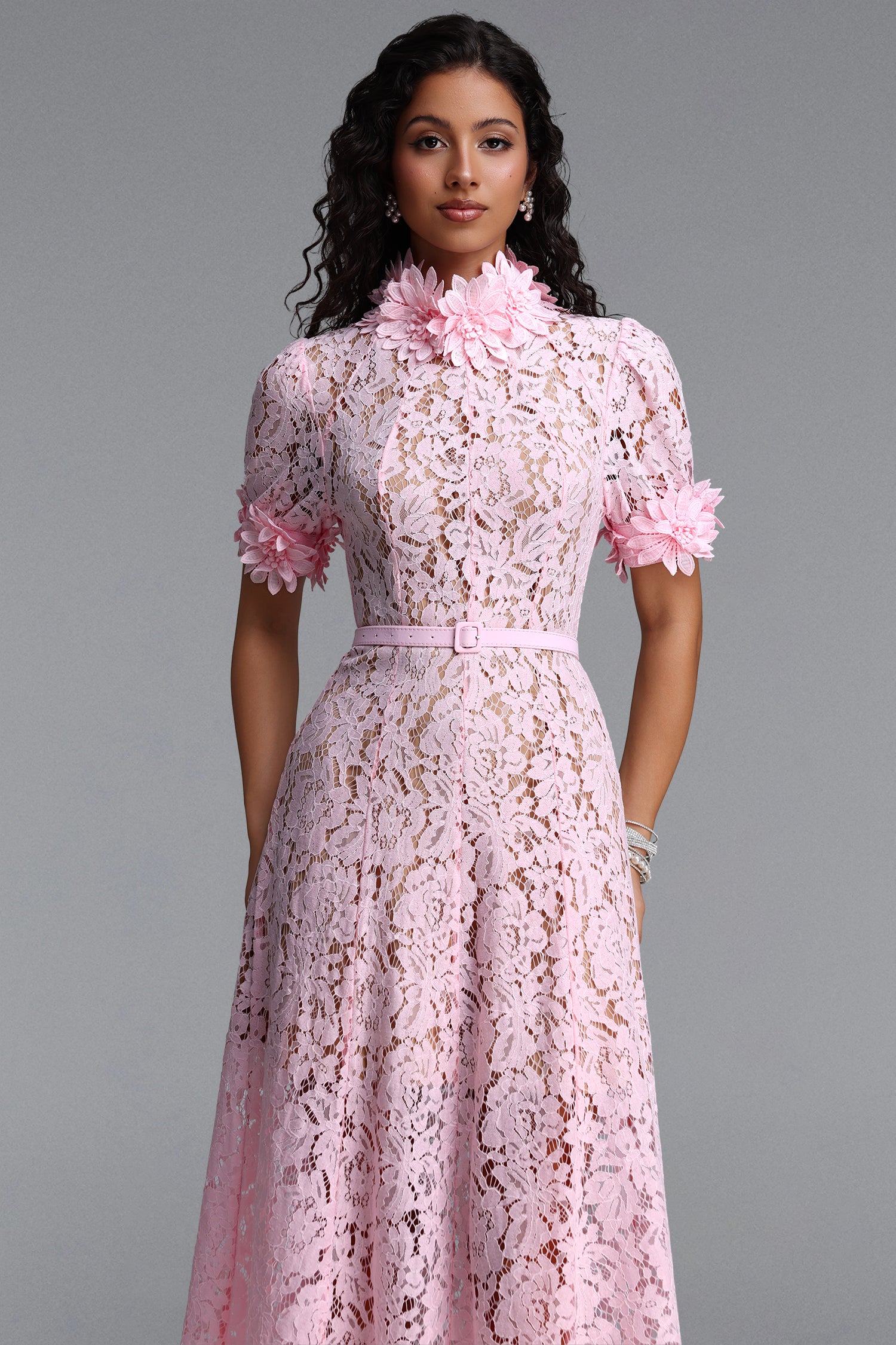 Tusare Elegant Tailored Short Sleeve Floral Lace Pink Maxi Dress	
