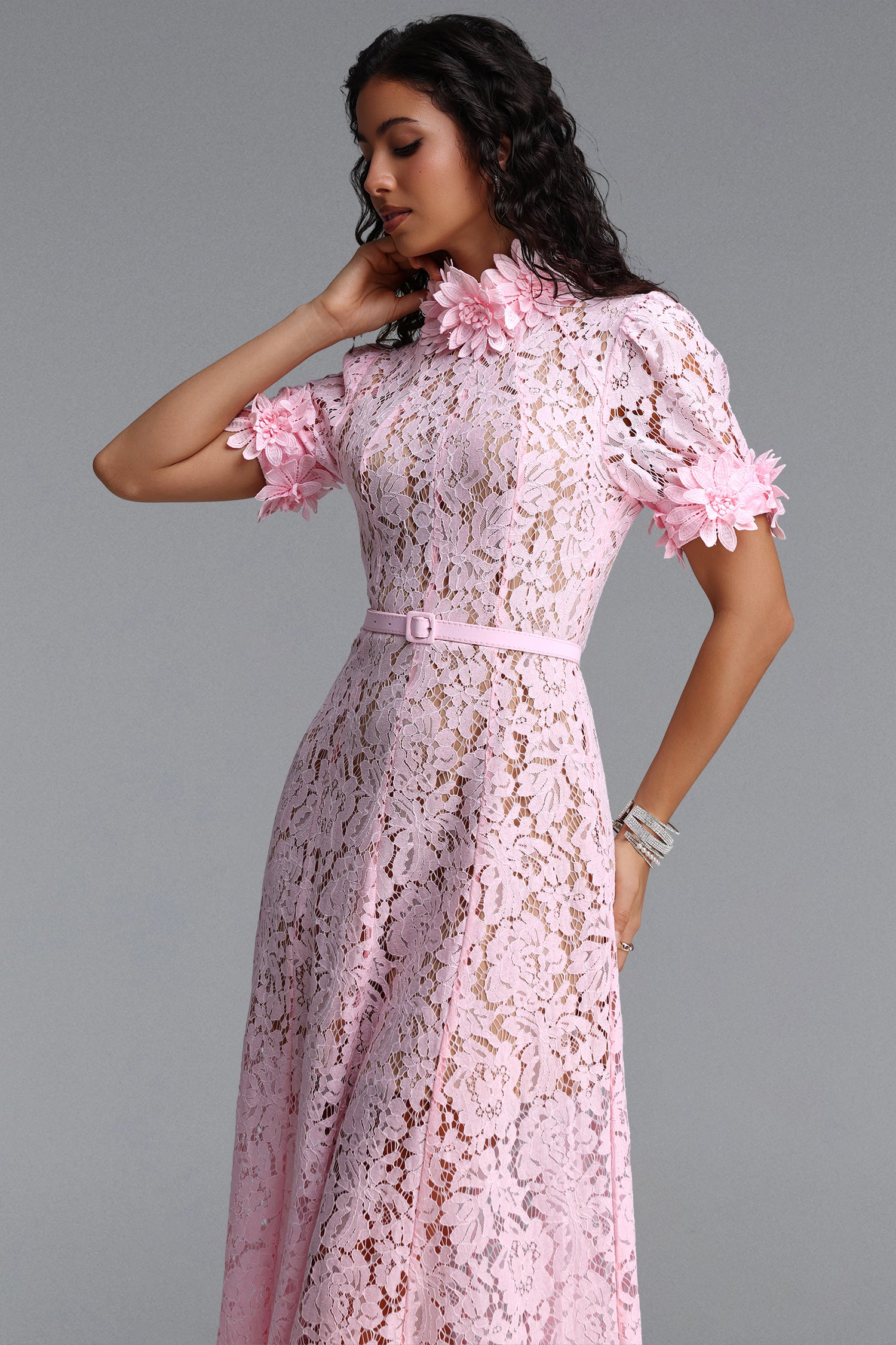 Tusare Elegant Tailored Short Sleeve Floral Lace Pink Maxi Dress	