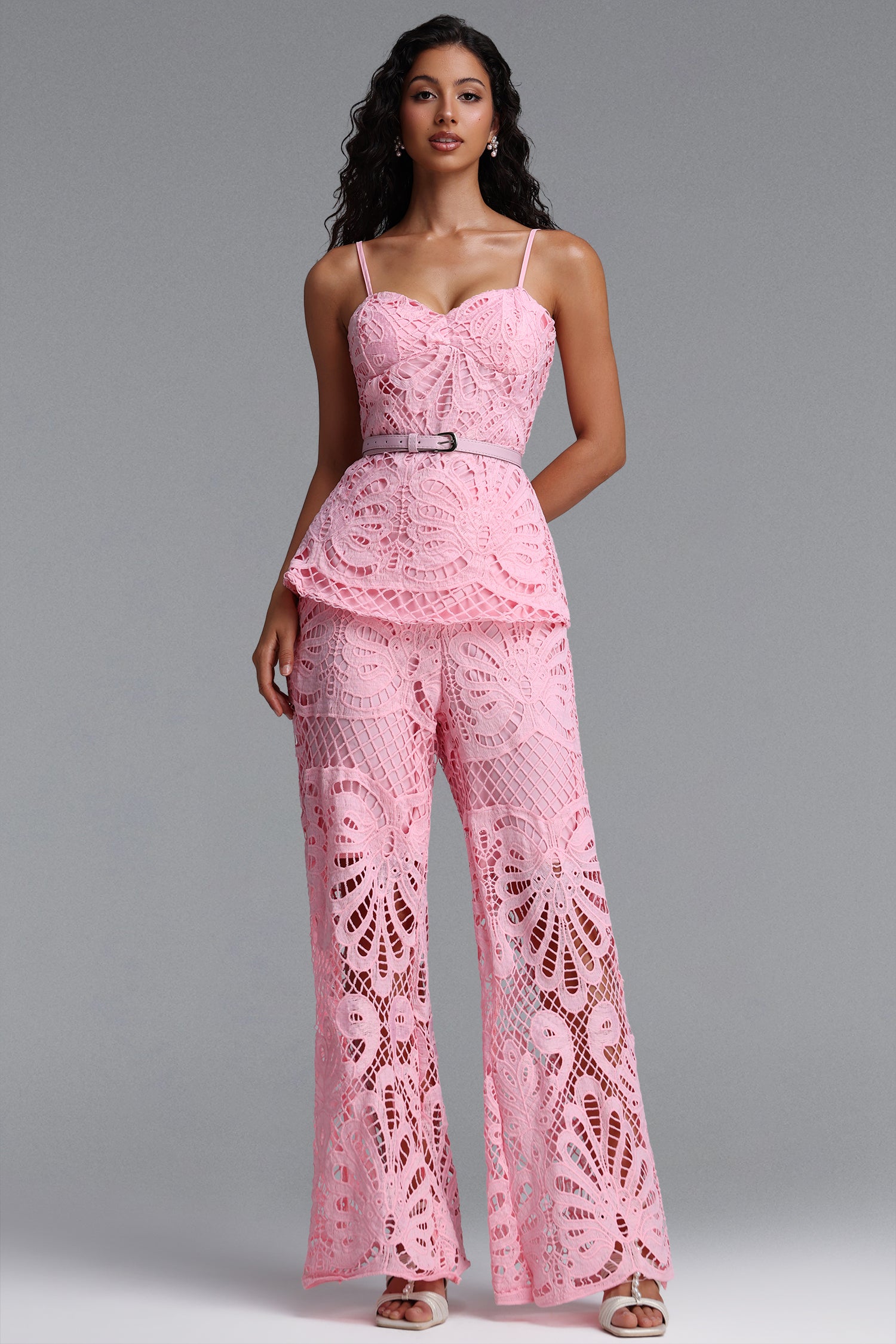 Kristie Chic Tailored Spaghetti Strap Lace Top And Pant Two Piece Set	