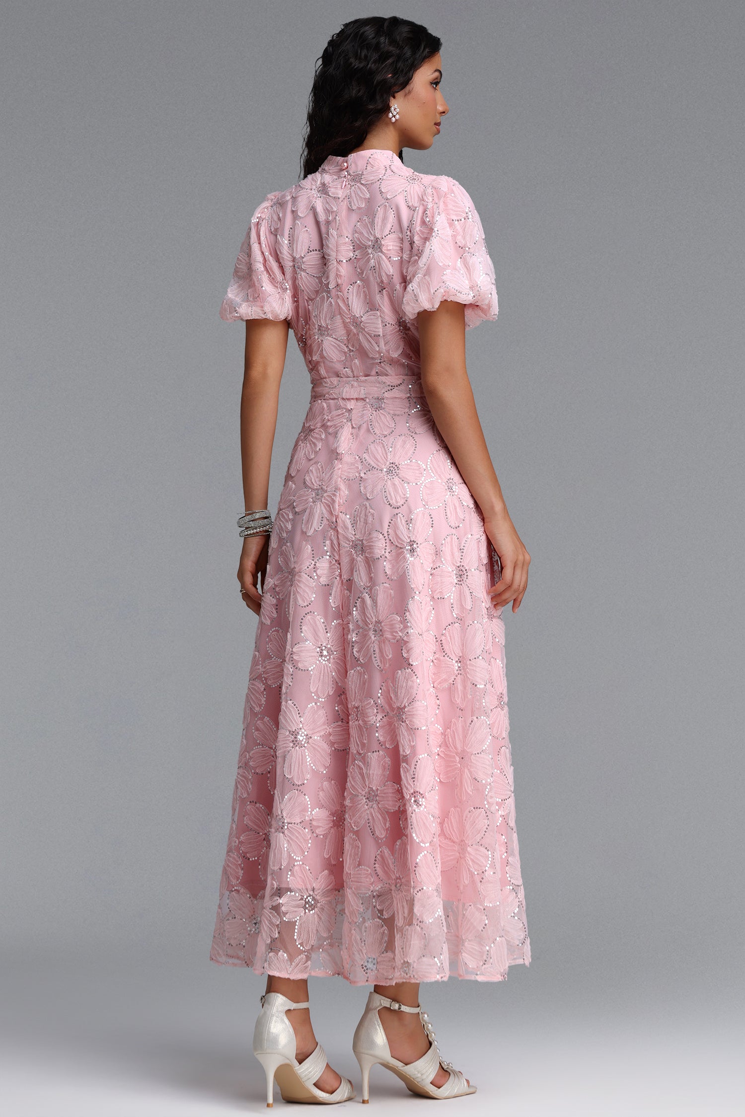 Dorothea Resort Flowy Puff Sleeve Sequin Floral Woven Maxi Dress	