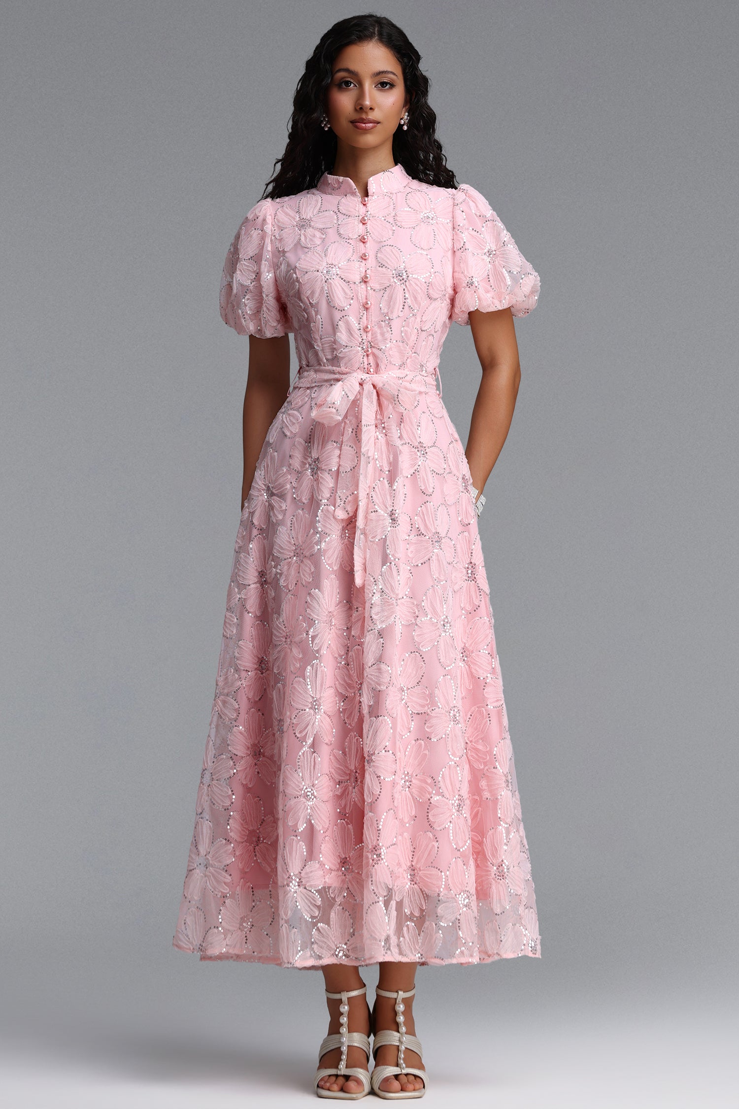 Dorothea Resort Flowy Puff Sleeve Sequin Floral Woven Maxi Dress	