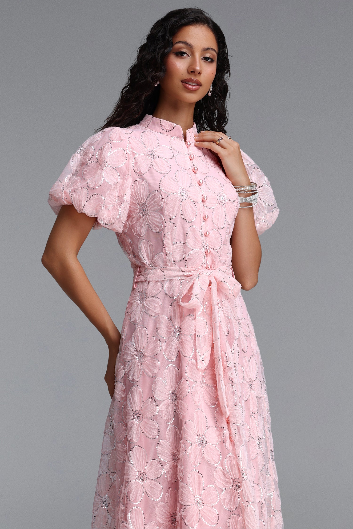 Dorothea Resort Flowy Puff Sleeve Sequin Floral Woven Maxi Dress	