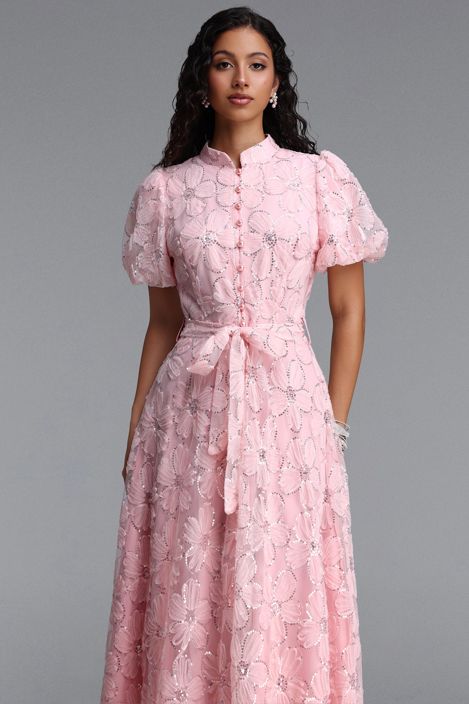 Dorothea Resort Flowy Puff Sleeve Sequin Floral Woven Maxi Dress	