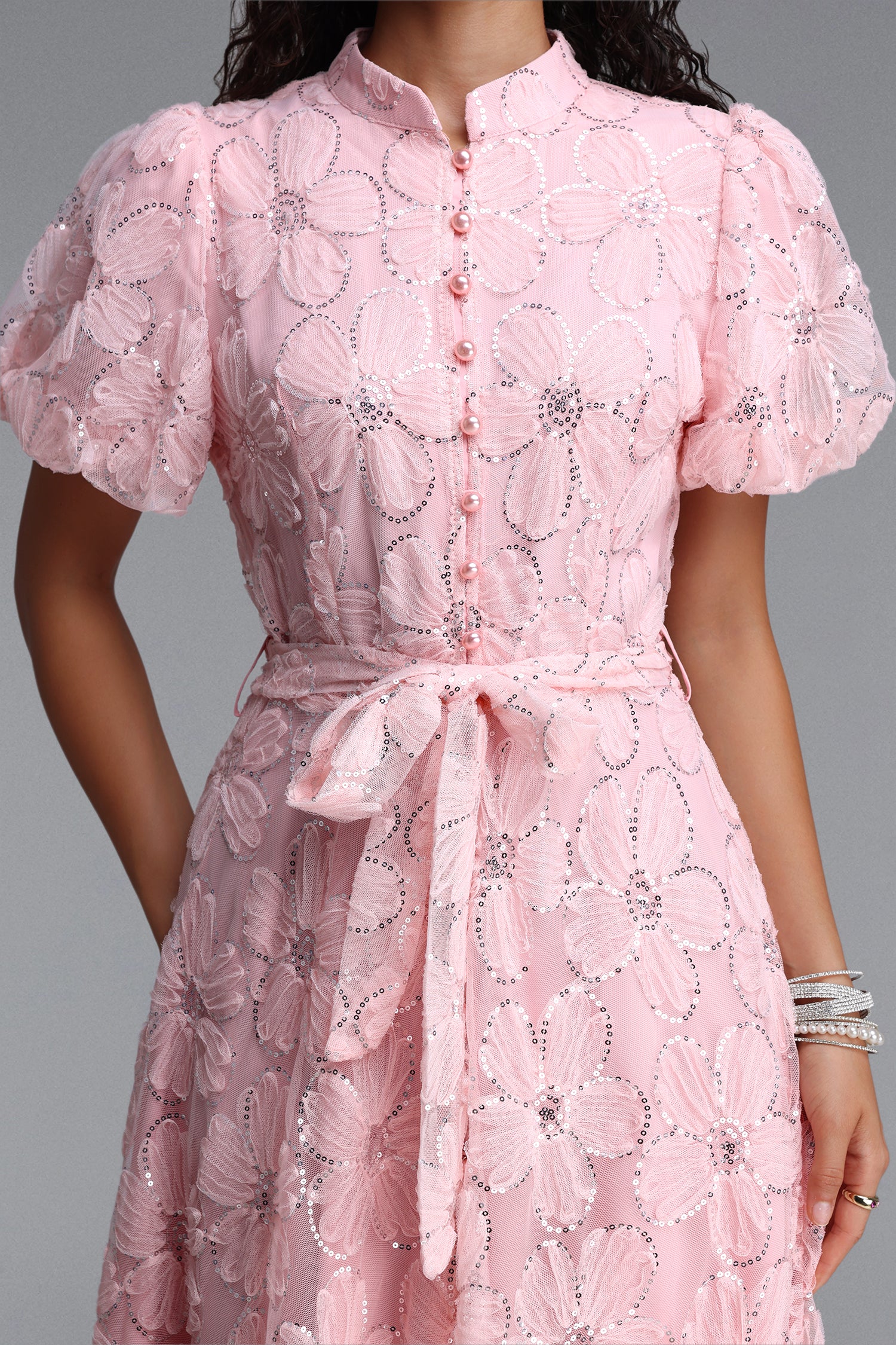 Dorothea Resort Flowy Puff Sleeve Sequin Floral Woven Maxi Dress	