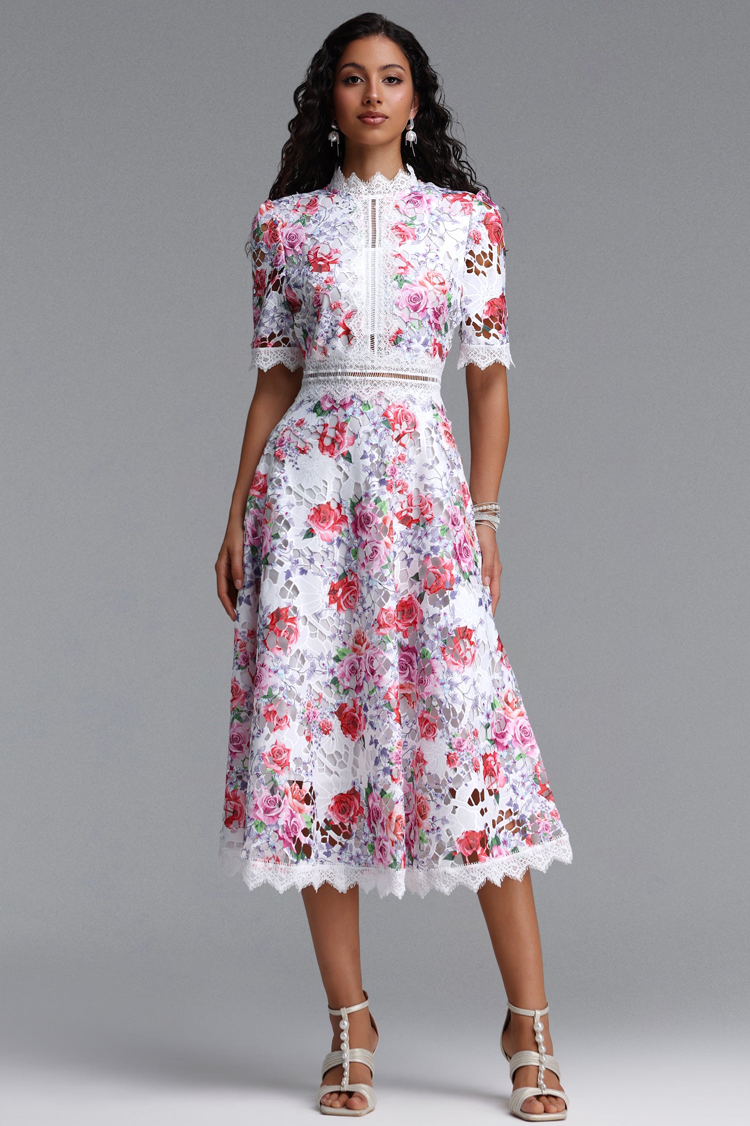 Perly Classic Cinched Short Sleeve Floral Print Lace Floral Midi Dress	
