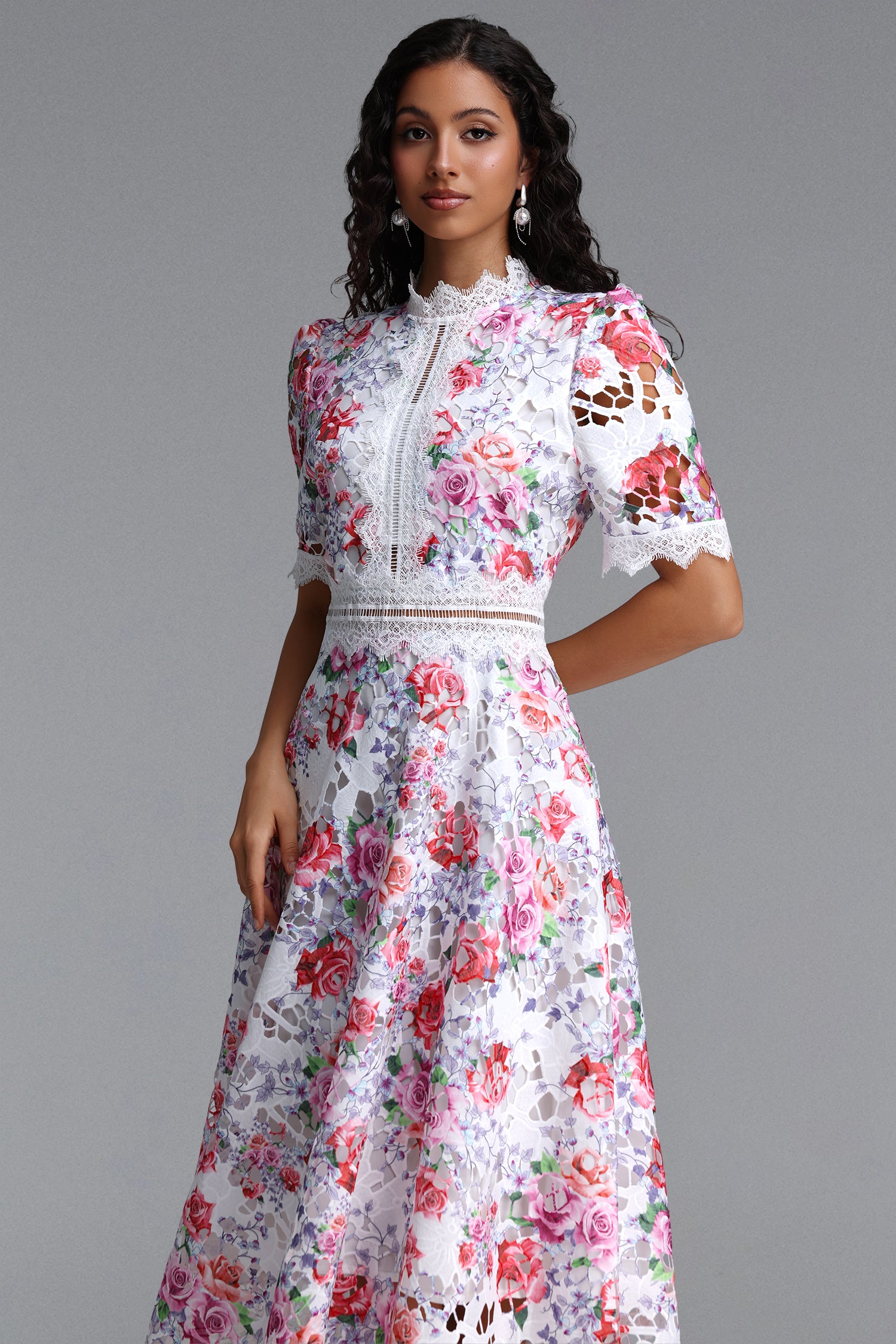 Perly Classic Cinched Short Sleeve Floral Print Lace Floral Midi Dress	