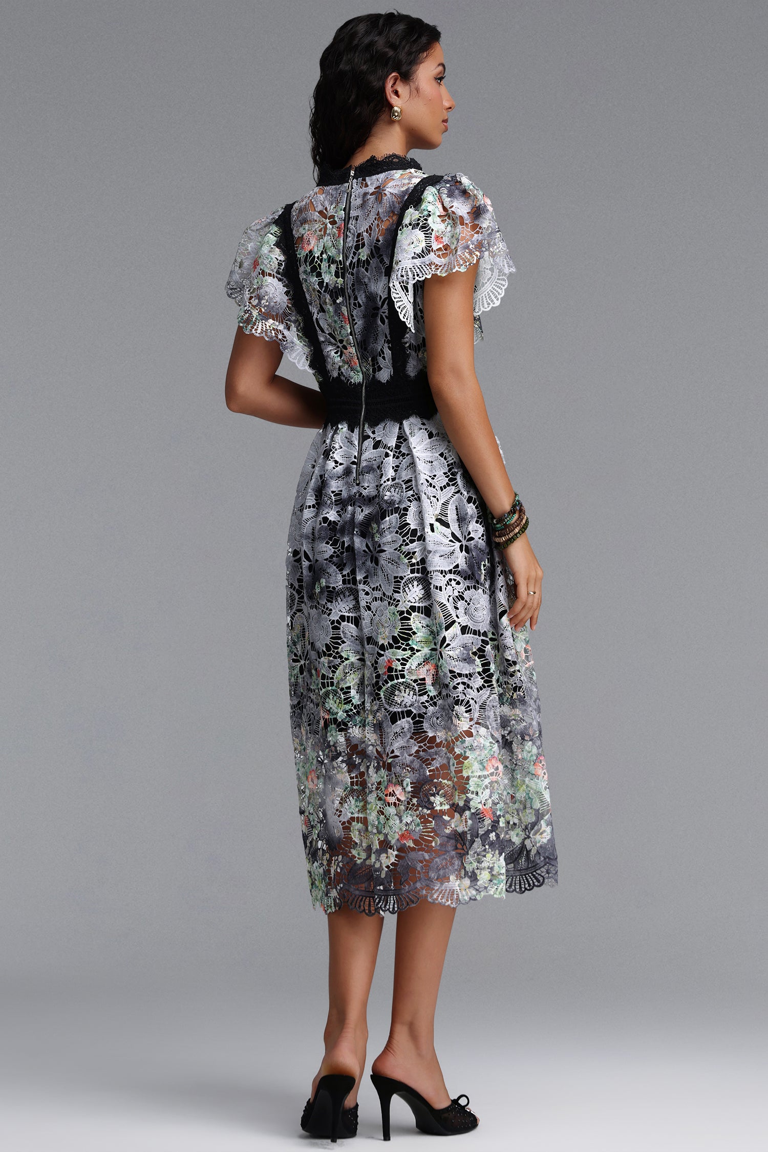 Leanna Resort Flowy Short Sleeve Floral Print Lace Black Midi Dress	
