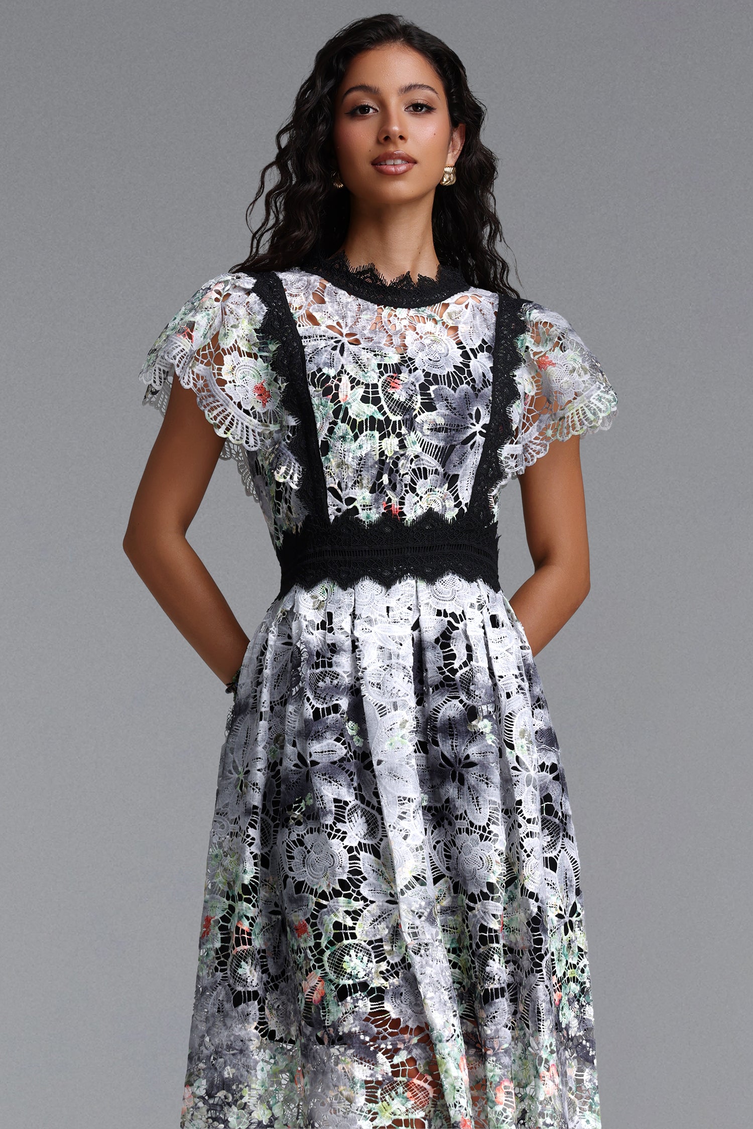 Leanna Resort Flowy Short Sleeve Floral Print Lace Black Midi Dress	