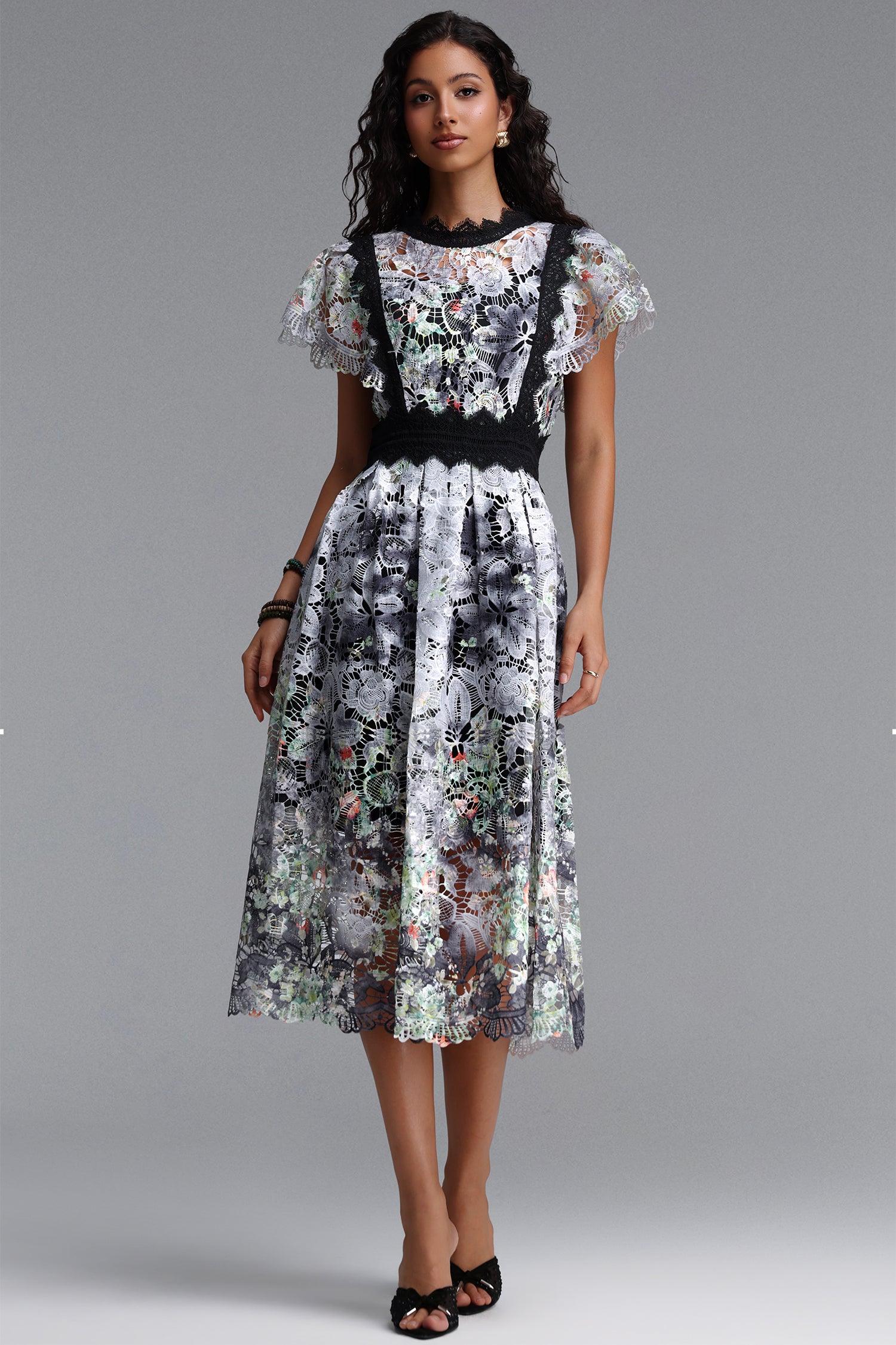 Leanna Resort Flowy Short Sleeve Floral Print Lace Black Midi Dress	