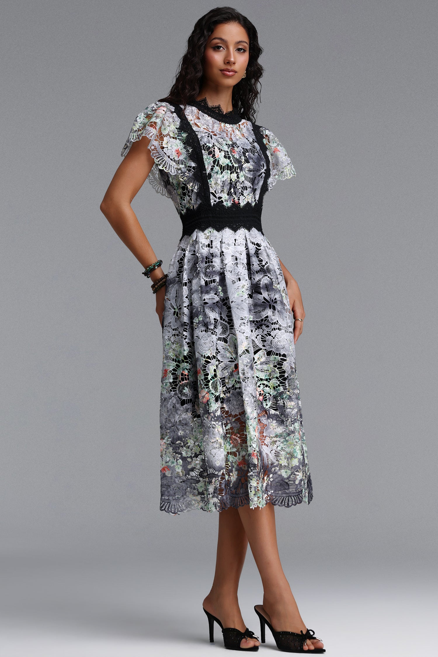 Leanna Resort Flowy Short Sleeve Floral Print Lace Black Midi Dress	