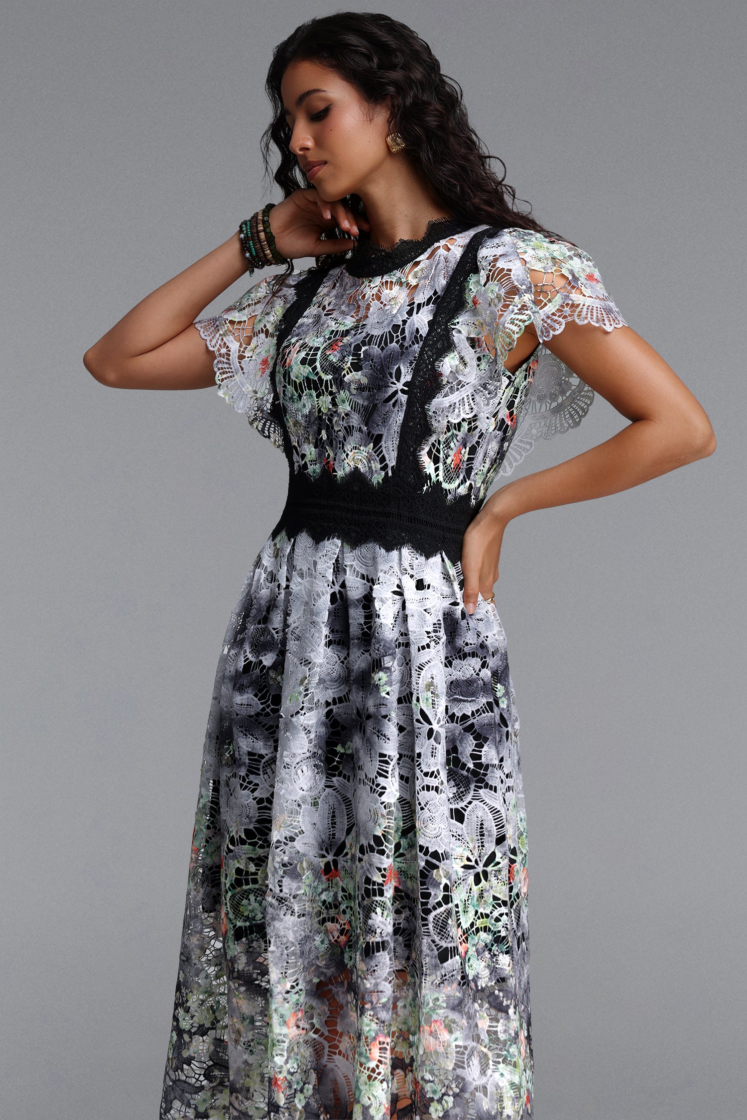 Leanna Resort Flowy Short Sleeve Floral Print Lace Black Midi Dress	