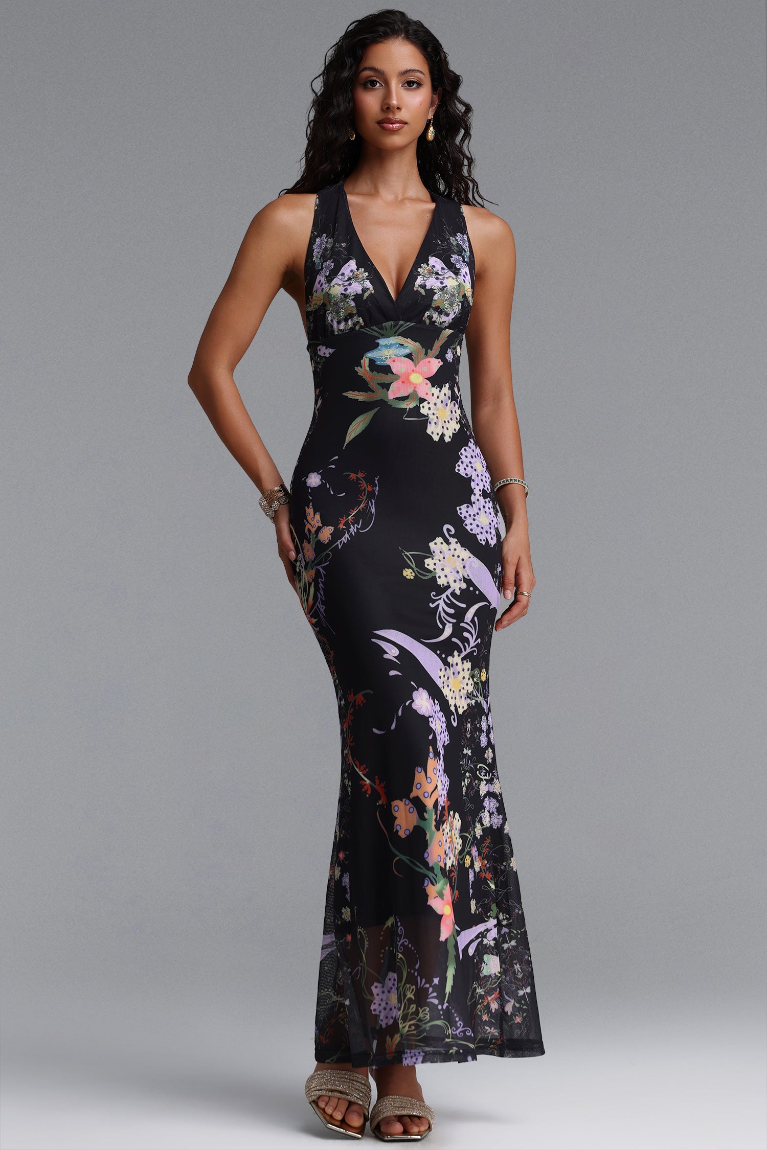 Pelze Sexy Contour Sleeveless Floral Print Mesh Maxi Dress	