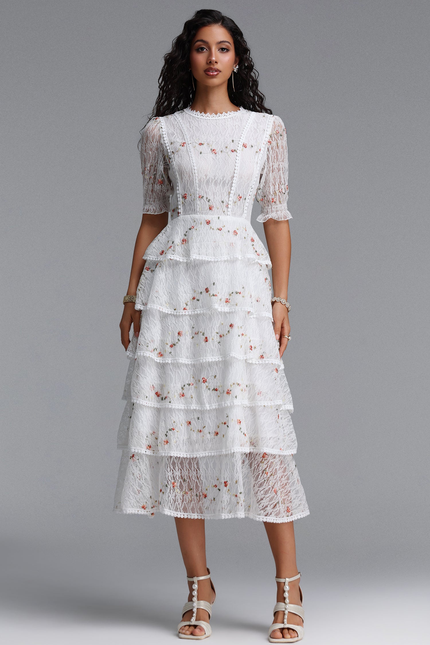 Nevaeh Romantic Flowy Short Sleeve Tiered Ruffle Embroidered Floral Lace Maxi Dress	