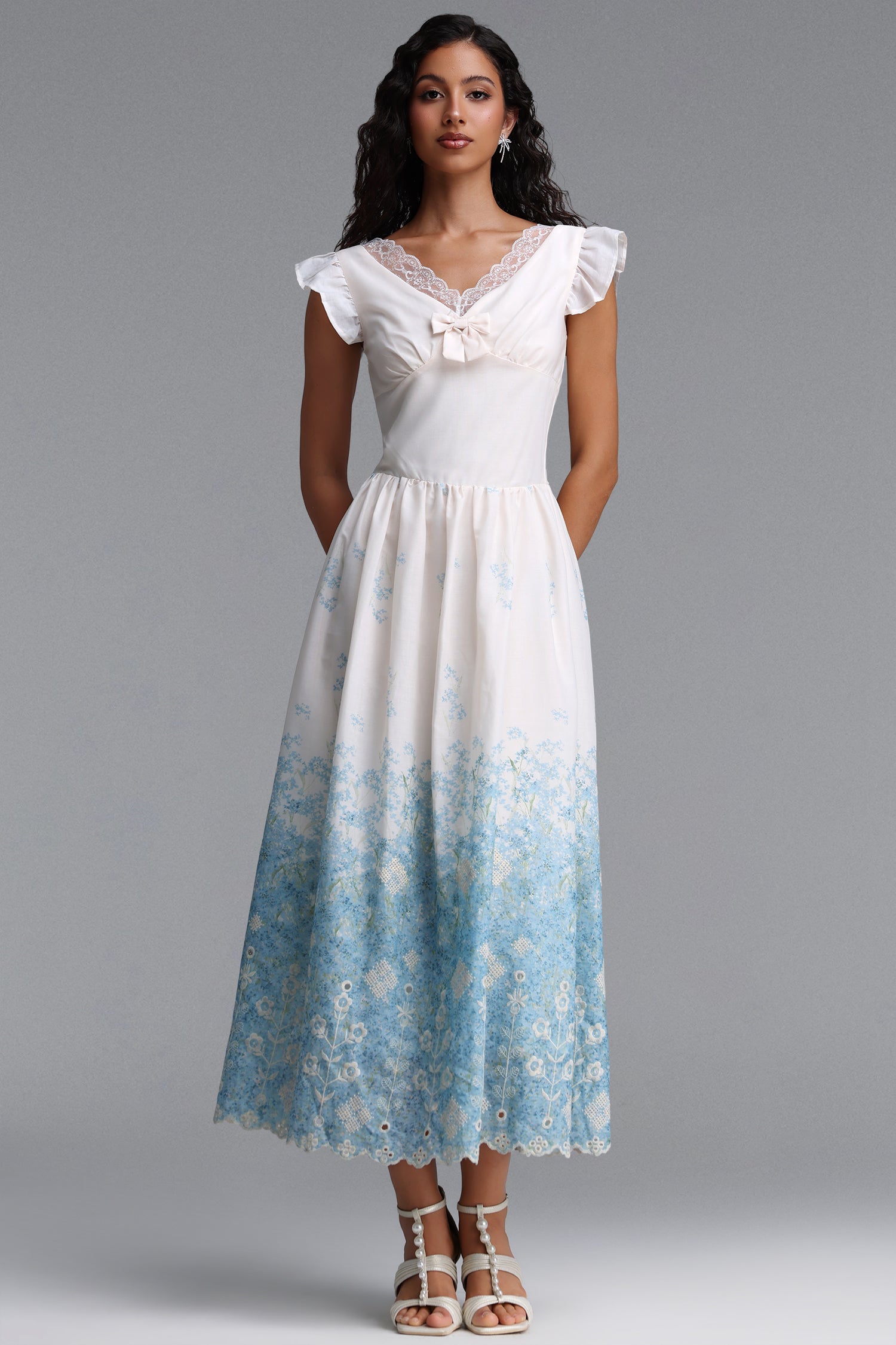 Ferlia Romantic Cinched Sleeveless Ruffle Floral Print Woven Maxi Dress	