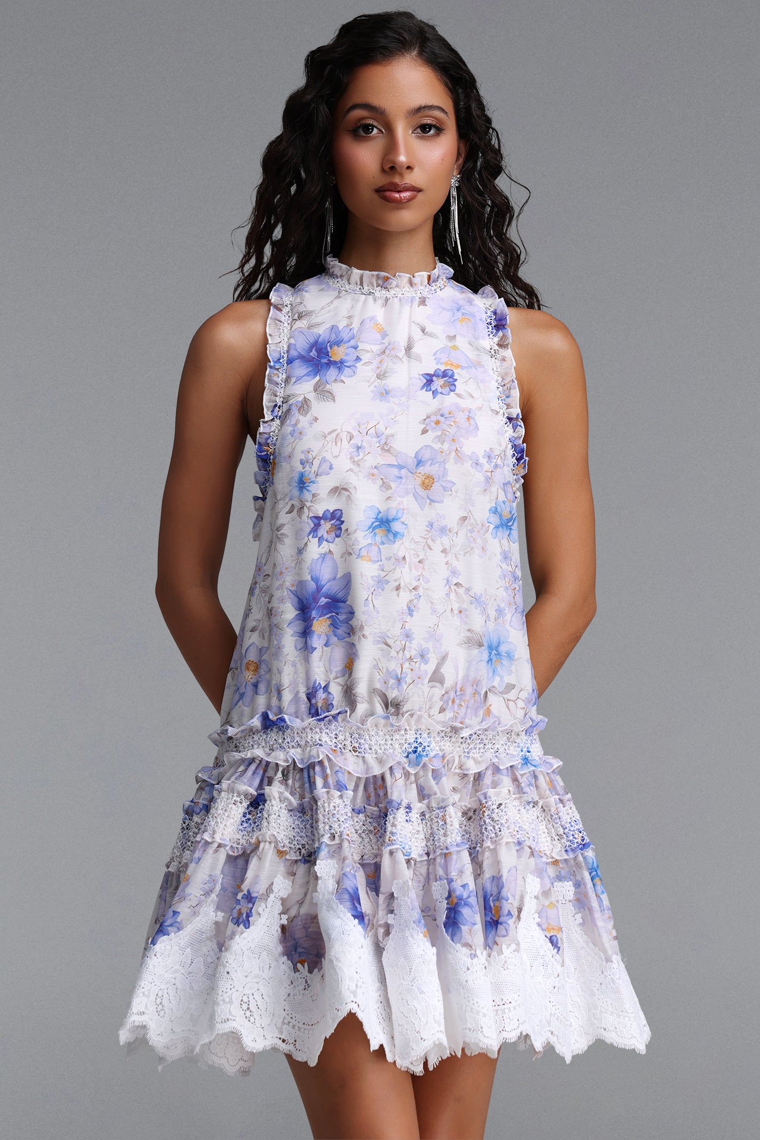 Didu Romantic Flowy Sleeveless Floral Print Lace Trimmed Woven Mini Dress	