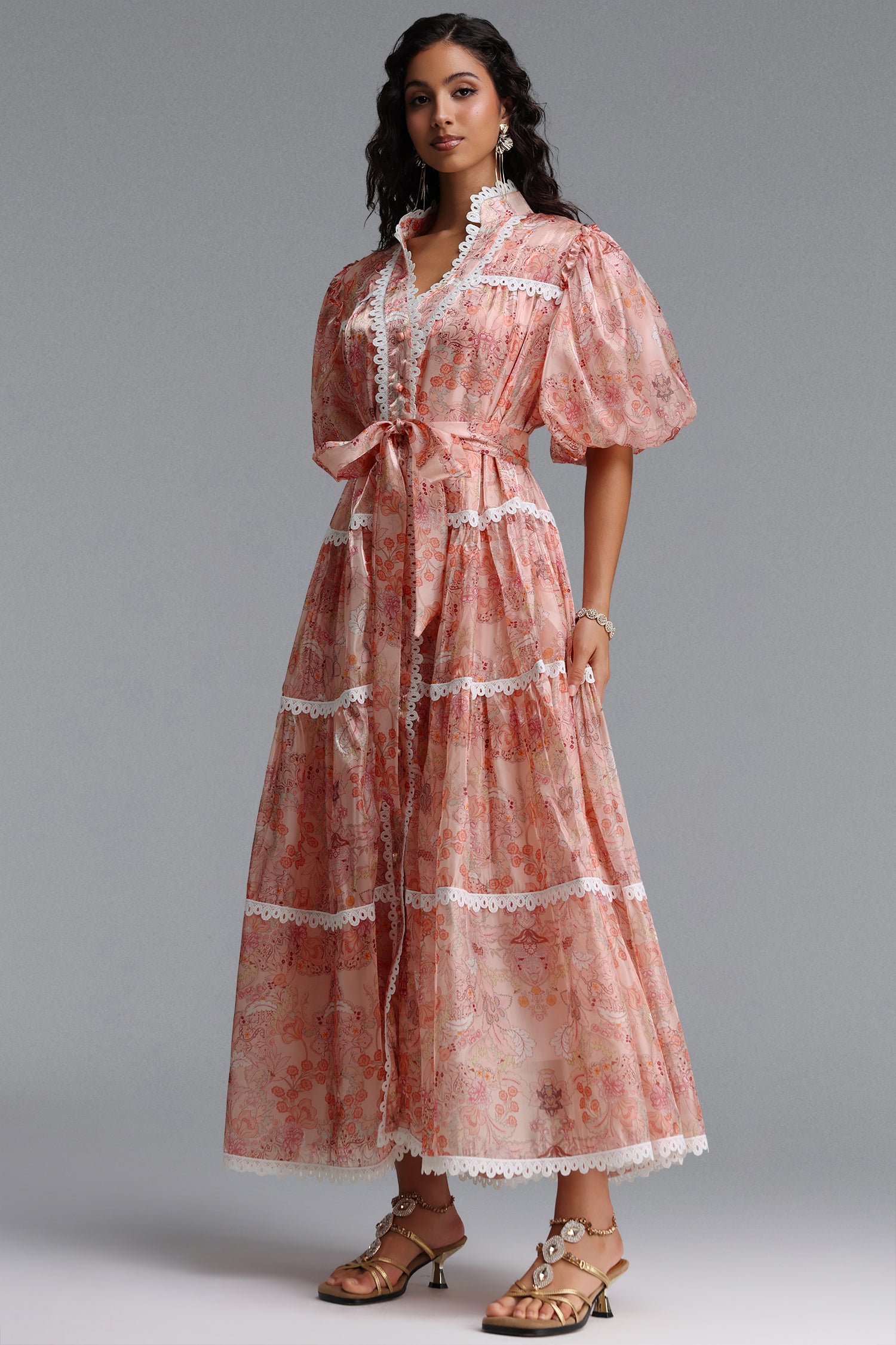 Dotte Resort Flowy Puff Sleeve Organza Maxi Dress	