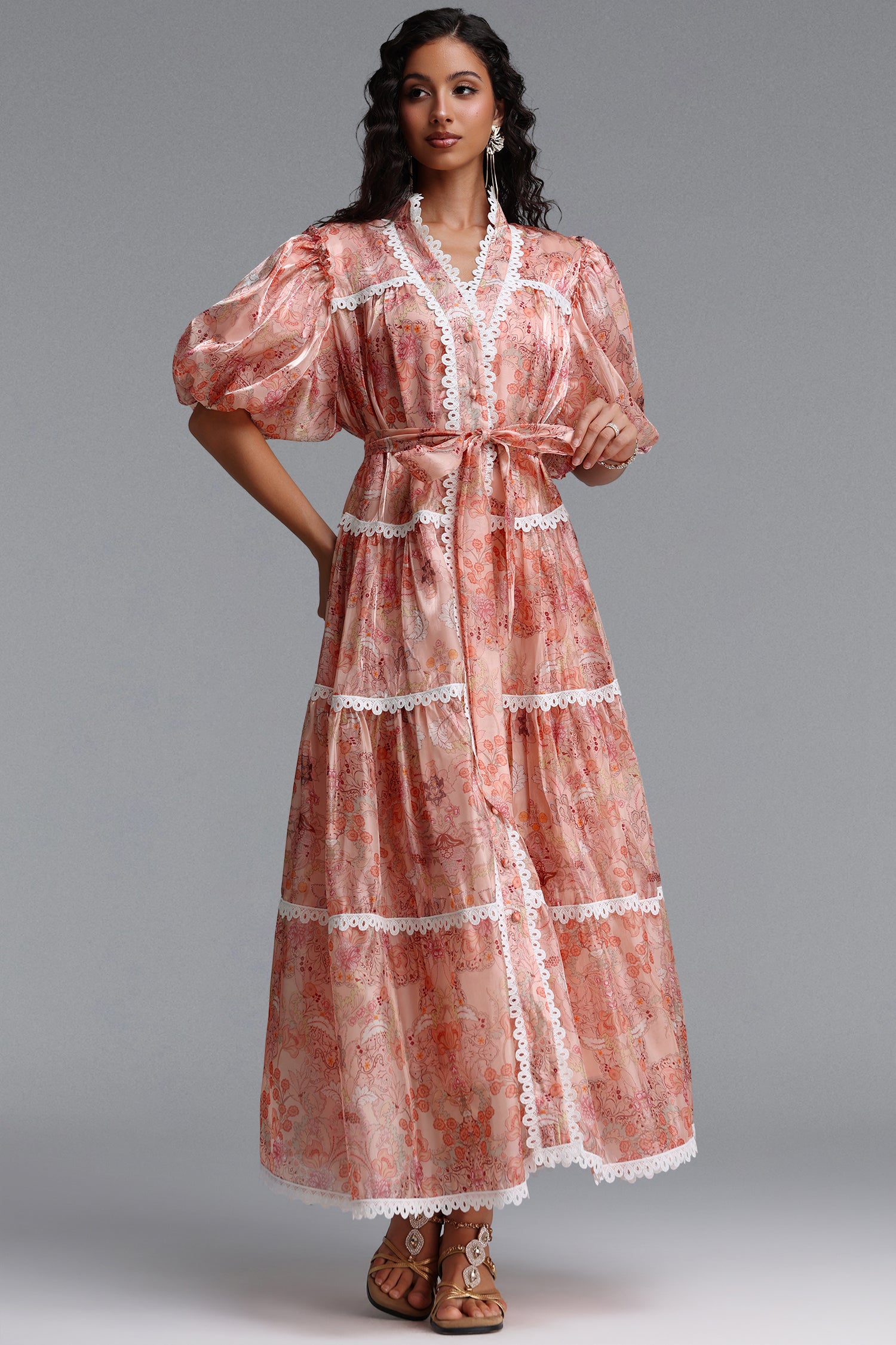 Dotte Resort Flowy Puff Sleeve Organza Maxi Dress	