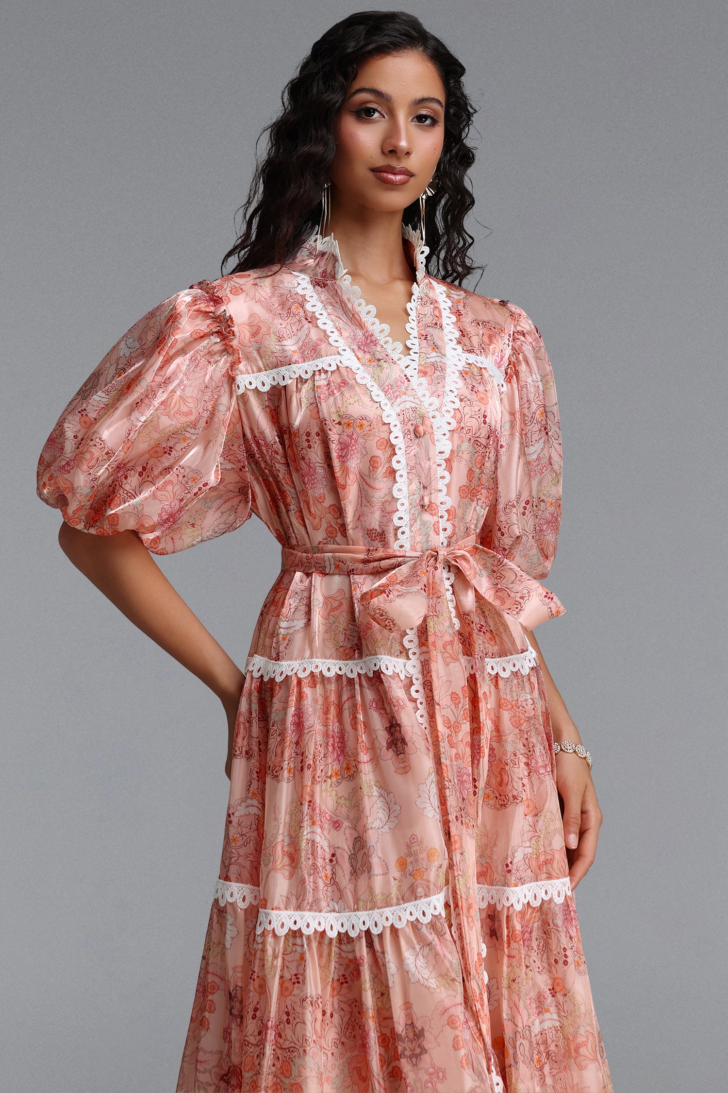 Dotte Resort Flowy Puff Sleeve Organza Maxi Dress	