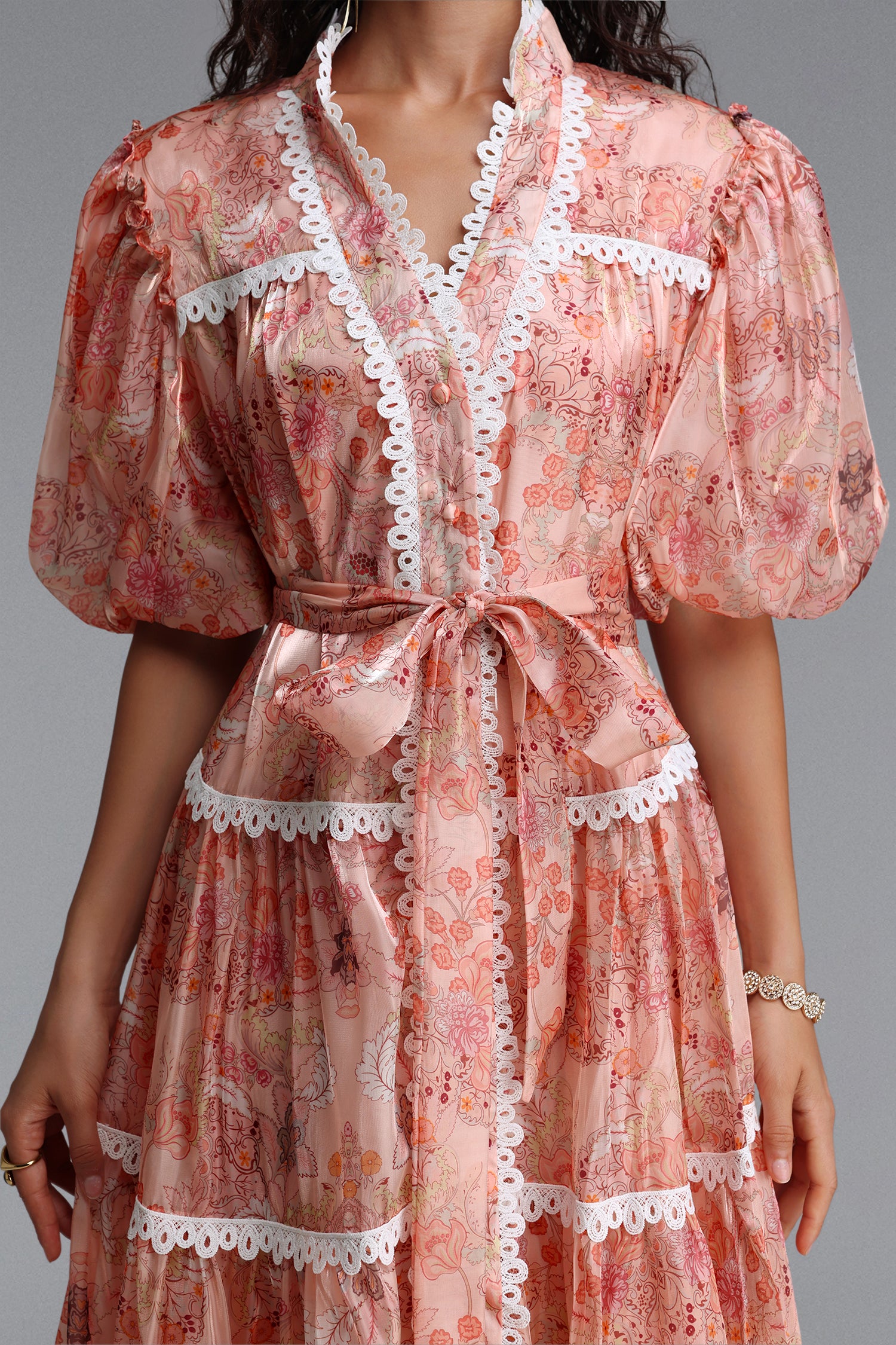 Dotte Resort Flowy Puff Sleeve Organza Maxi Dress	