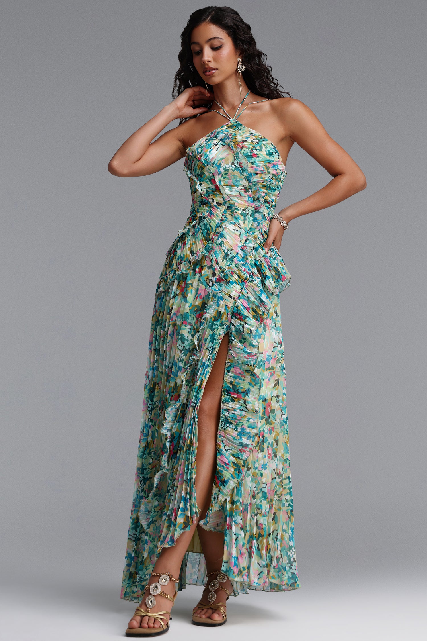 Elleri Resort Flowy Sleeveless Pleated Ruffle Floral Print Woven Green Maxi Dress	