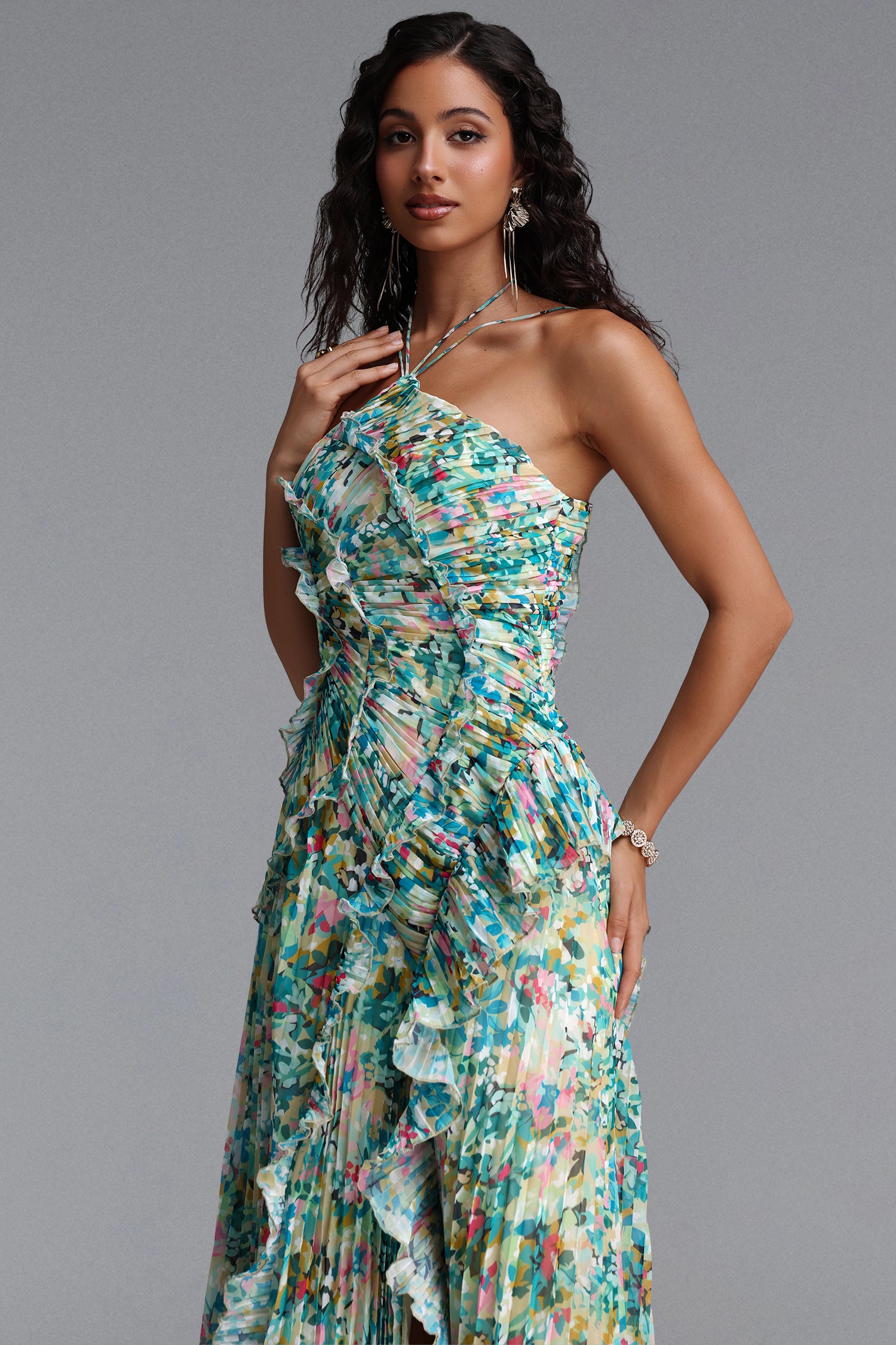 Elleri Resort Flowy Sleeveless Pleated Ruffle Floral Print Woven Green Maxi Dress	