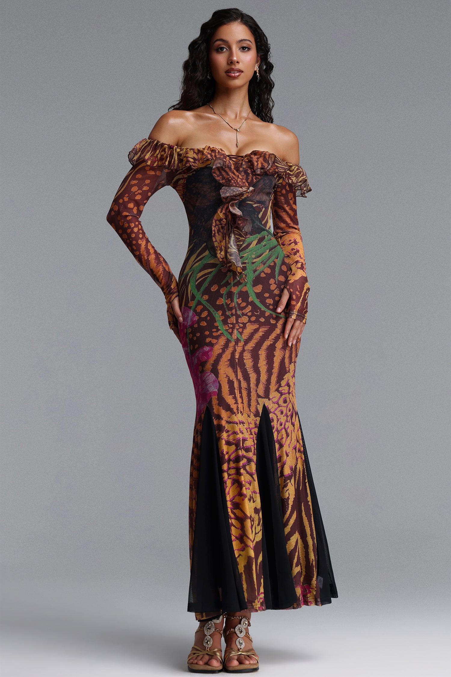 Taylor Vintage Contour Off Shoulder Long Sleeve Print Mesh Maxi Dress	