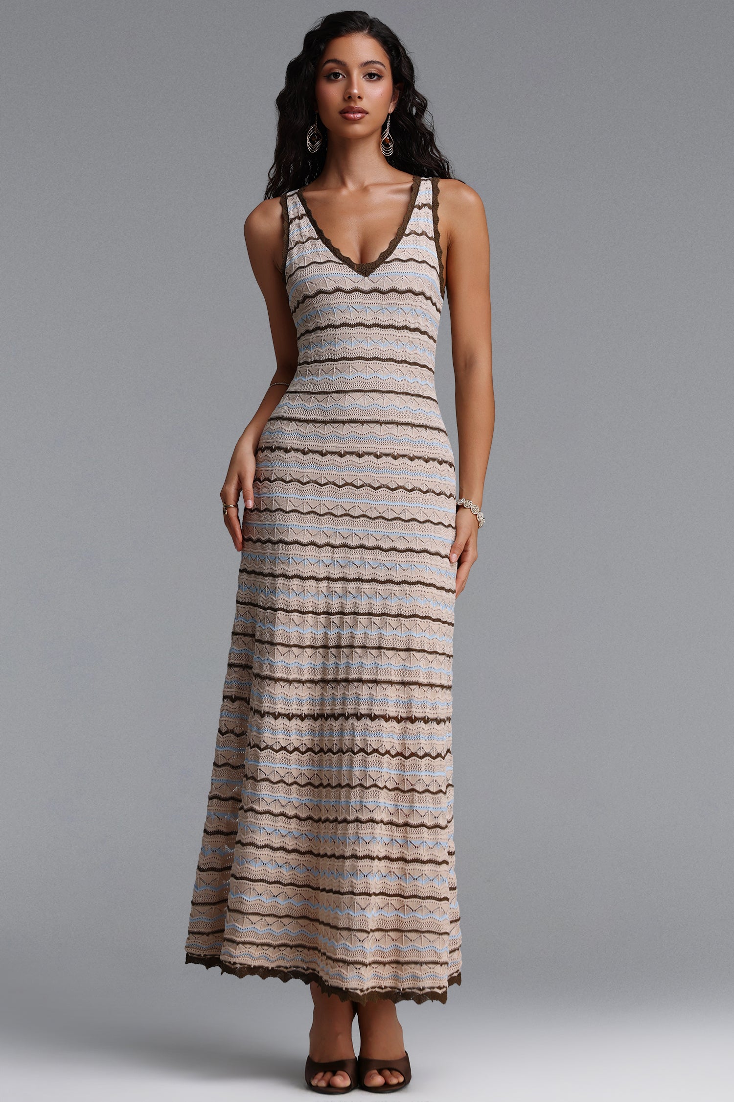 Mona Vintage Contour Sleeveless Striped Knit Maxi Dress	