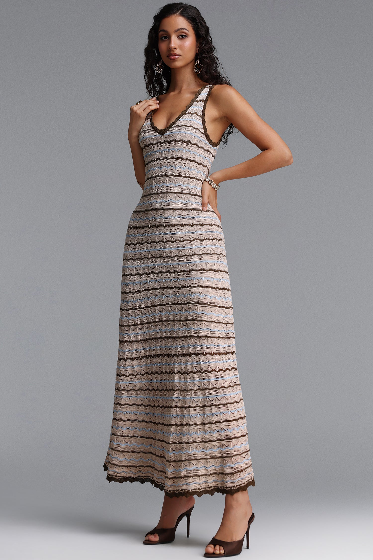 Mona Vintage Contour Sleeveless Striped Knit Maxi Dress	