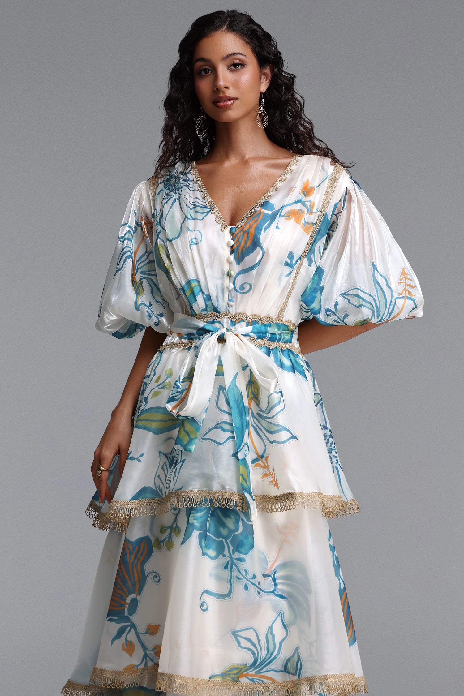 Lisbon Resort Flowy Puff Sleeve Floral Print Organza Maxi Dress	