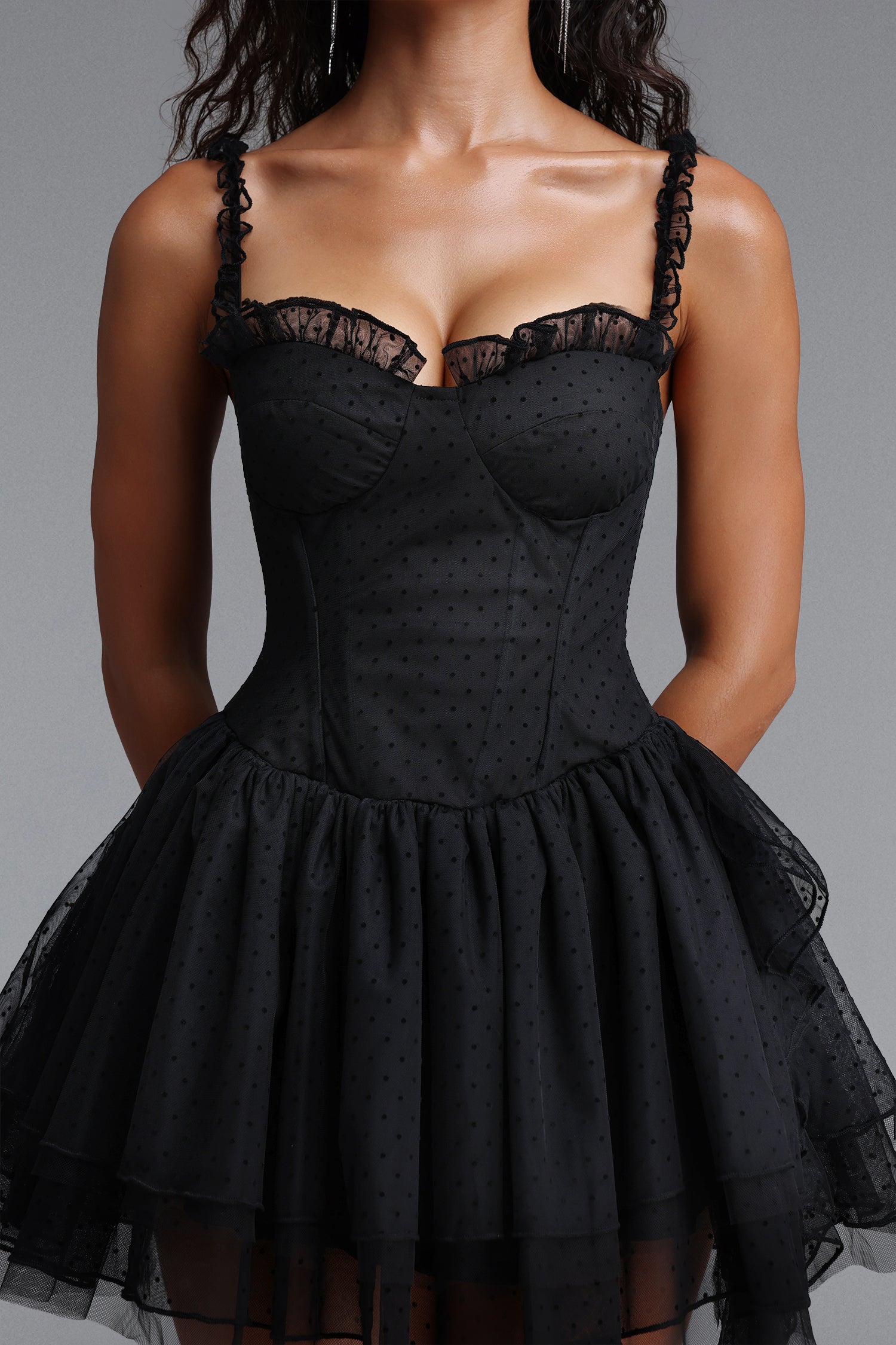 Natasha Chic Tailored Sleeveless Boning Ruffle Polka Dot Mesh Black Mini Dress	