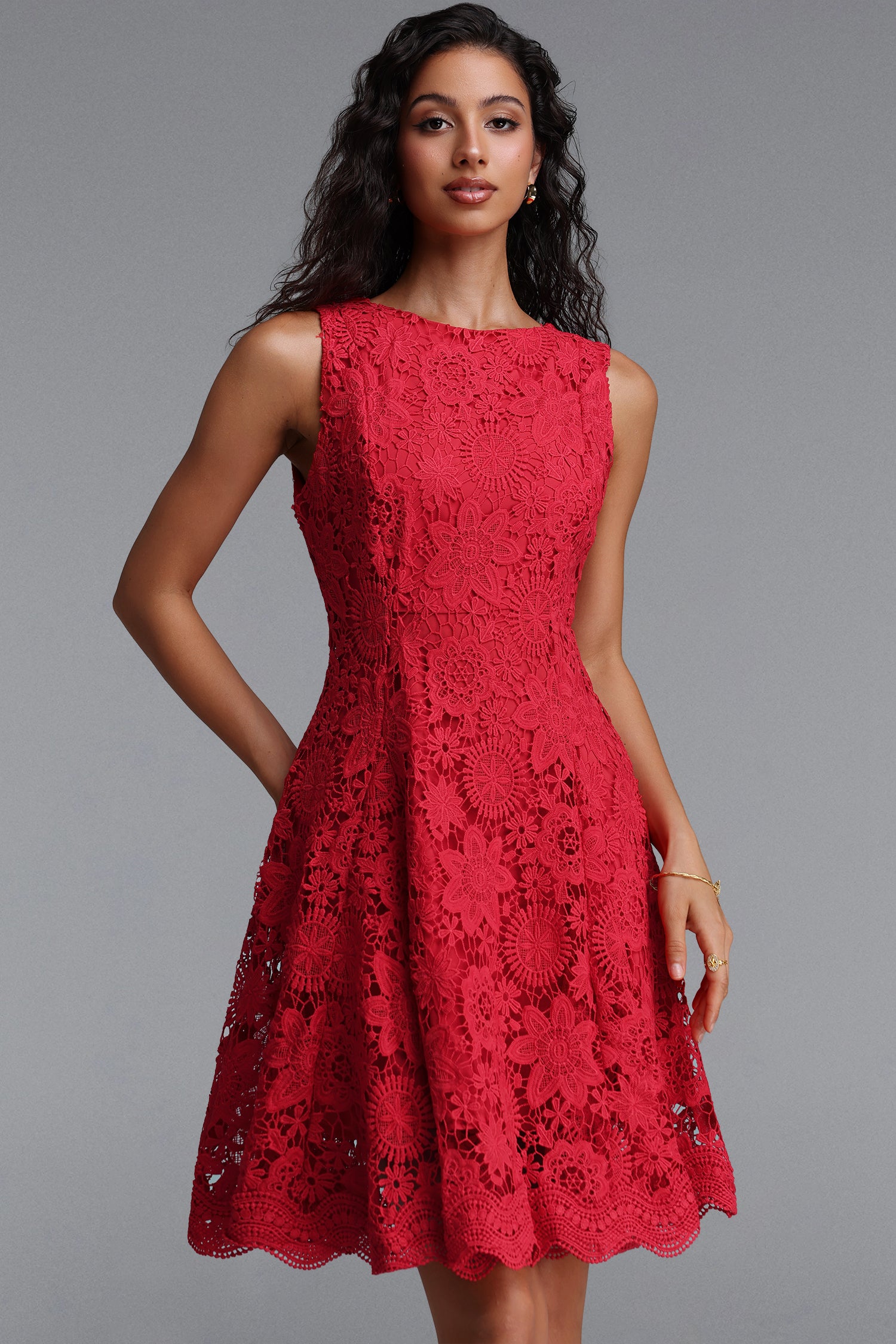 Pedra Elegant Cinched Round Neck Sleeveless Floral Lace Red Mini Dress	