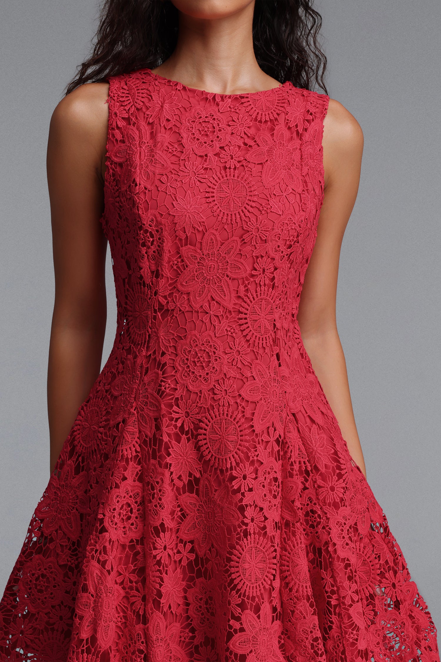 Pedra Elegant Cinched Round Neck Sleeveless Floral Lace Red Mini Dress	
