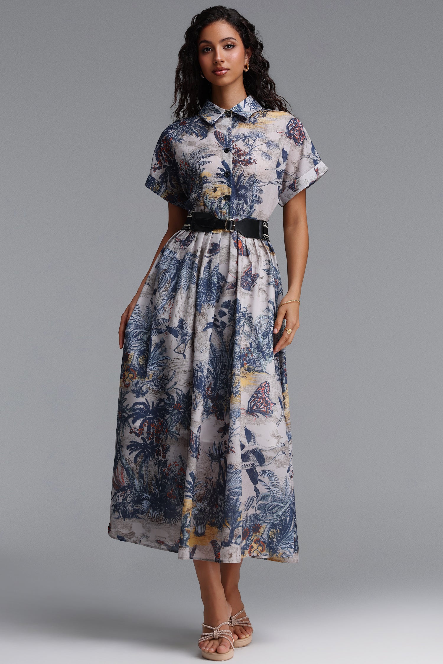 Uerzay Vintage Tailored Short Sleeve Floral Print Woven Maxi Dress	