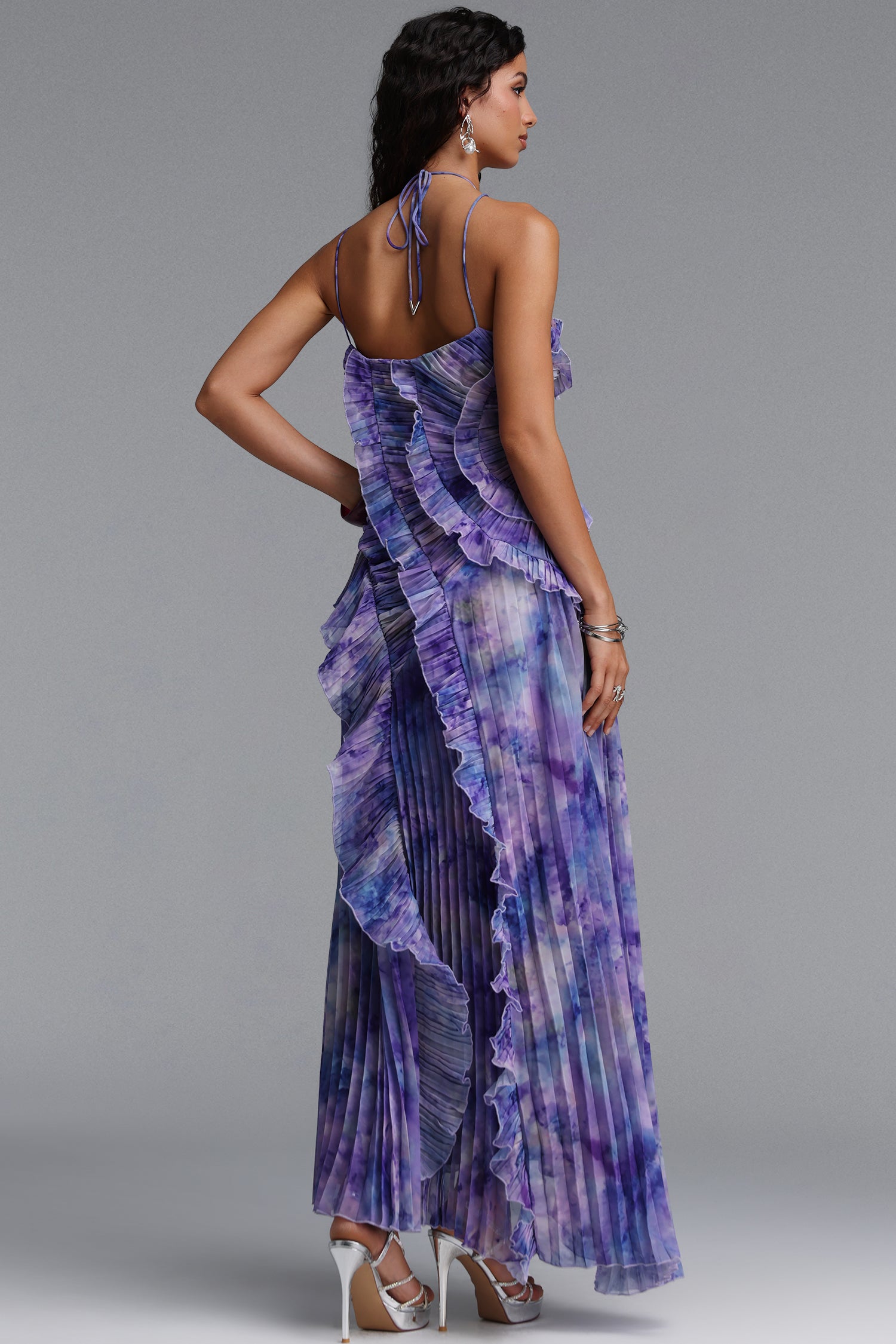 Elleri Resort Flowy Sleeveless Pleated Ruffle Floral Print Woven Purple Maxi Dress	
