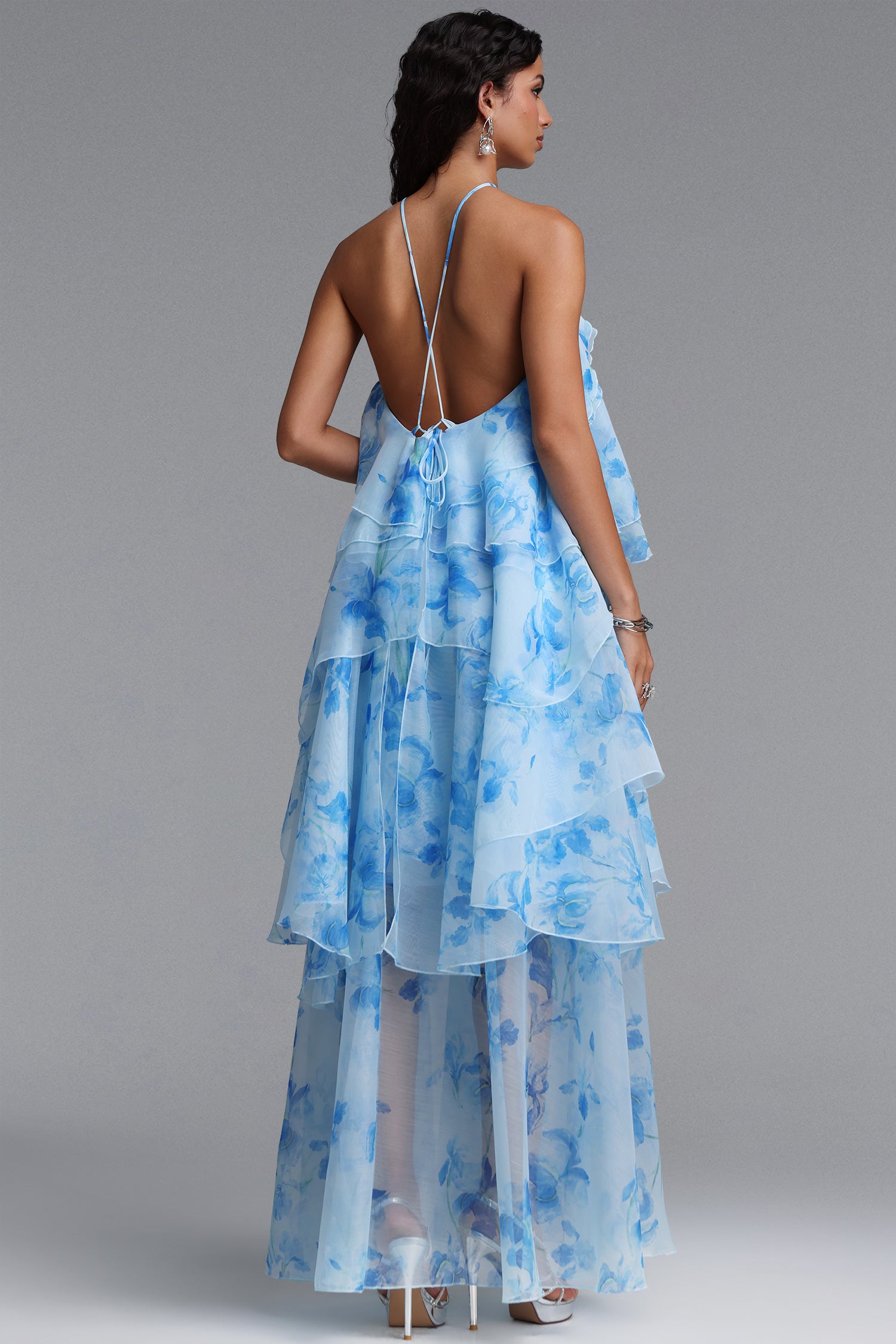 Sapphire Resort Flowy Sleeveless Floral Print Woven Blue Maxi Dress	