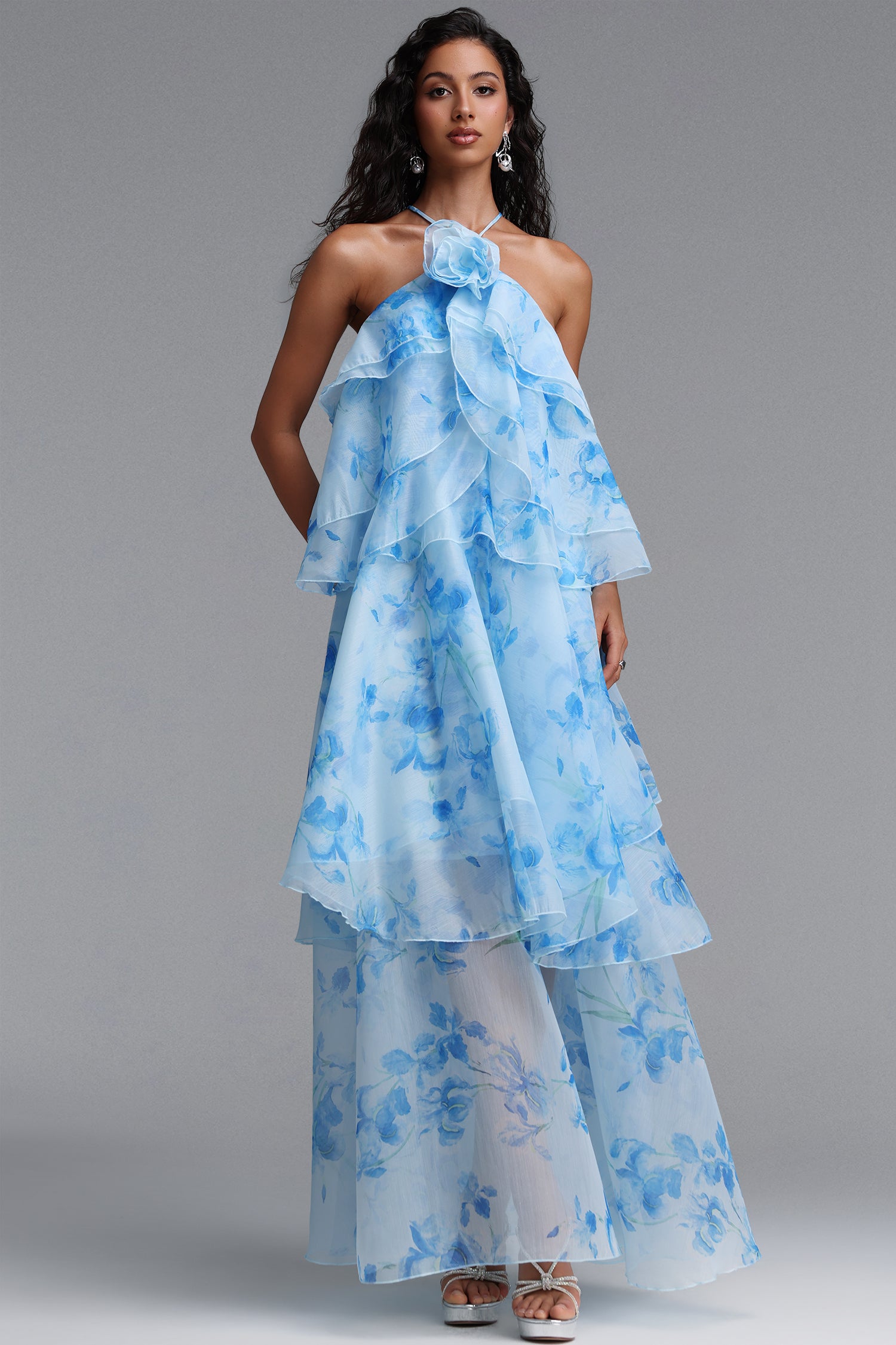 Sapphire Resort Flowy Sleeveless Floral Print Woven Blue Maxi Dress	