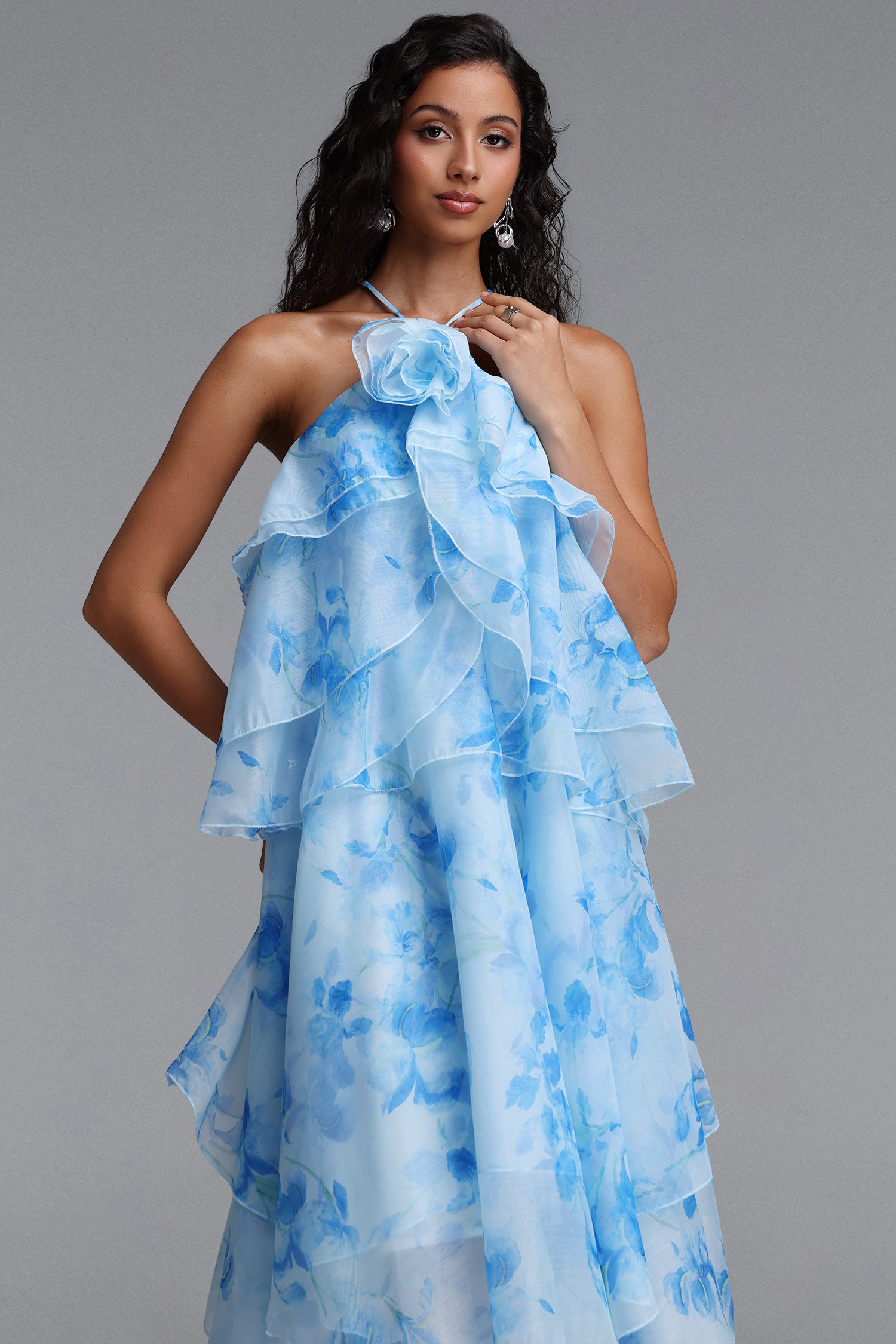 Sapphire Resort Flowy Sleeveless Floral Print Woven Blue Maxi Dress	