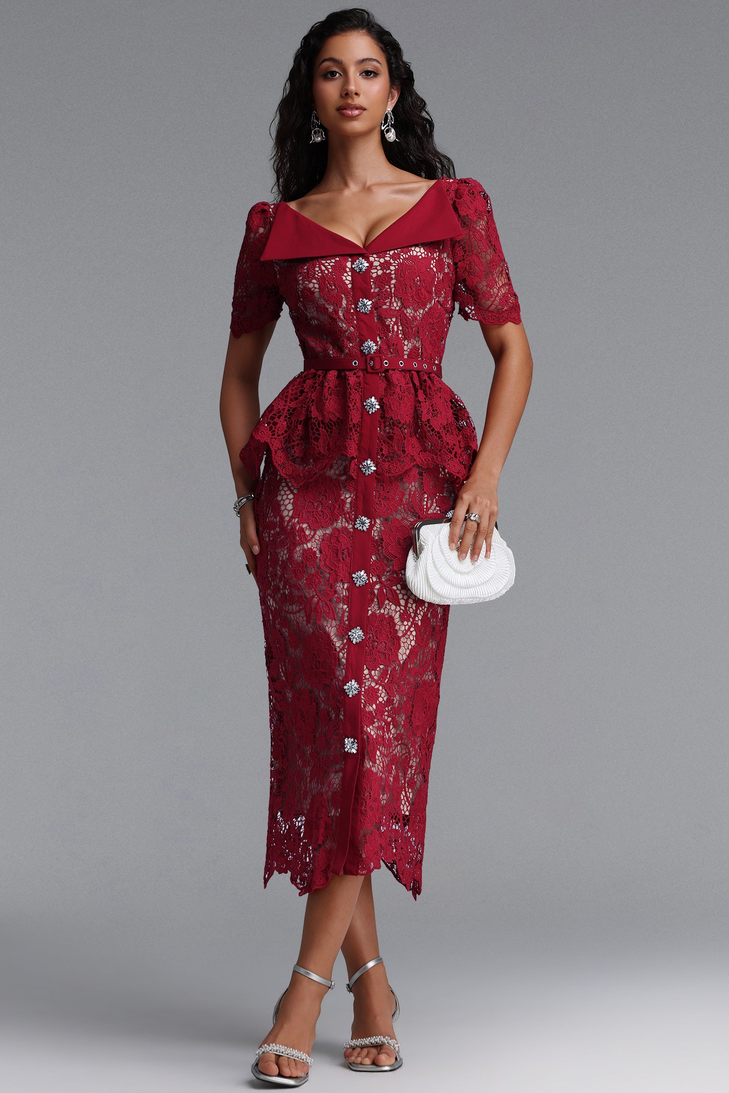 Quinn Elegant Cinched Short Sleeve Floral Lace Red Maxi Dress	