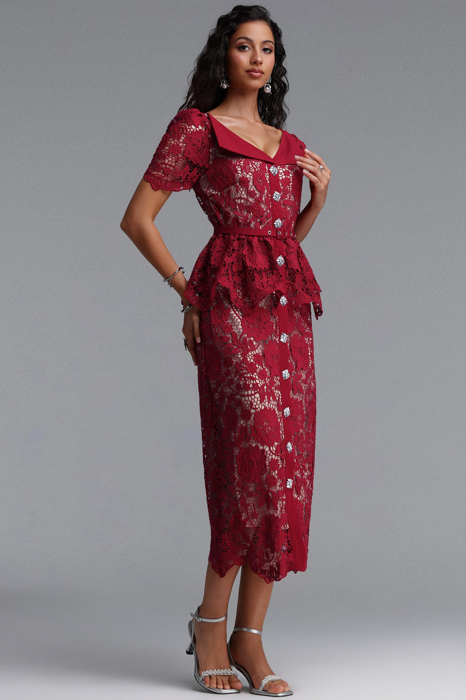 Quinn Elegant Cinched Short Sleeve Floral Lace Red Maxi Dress	