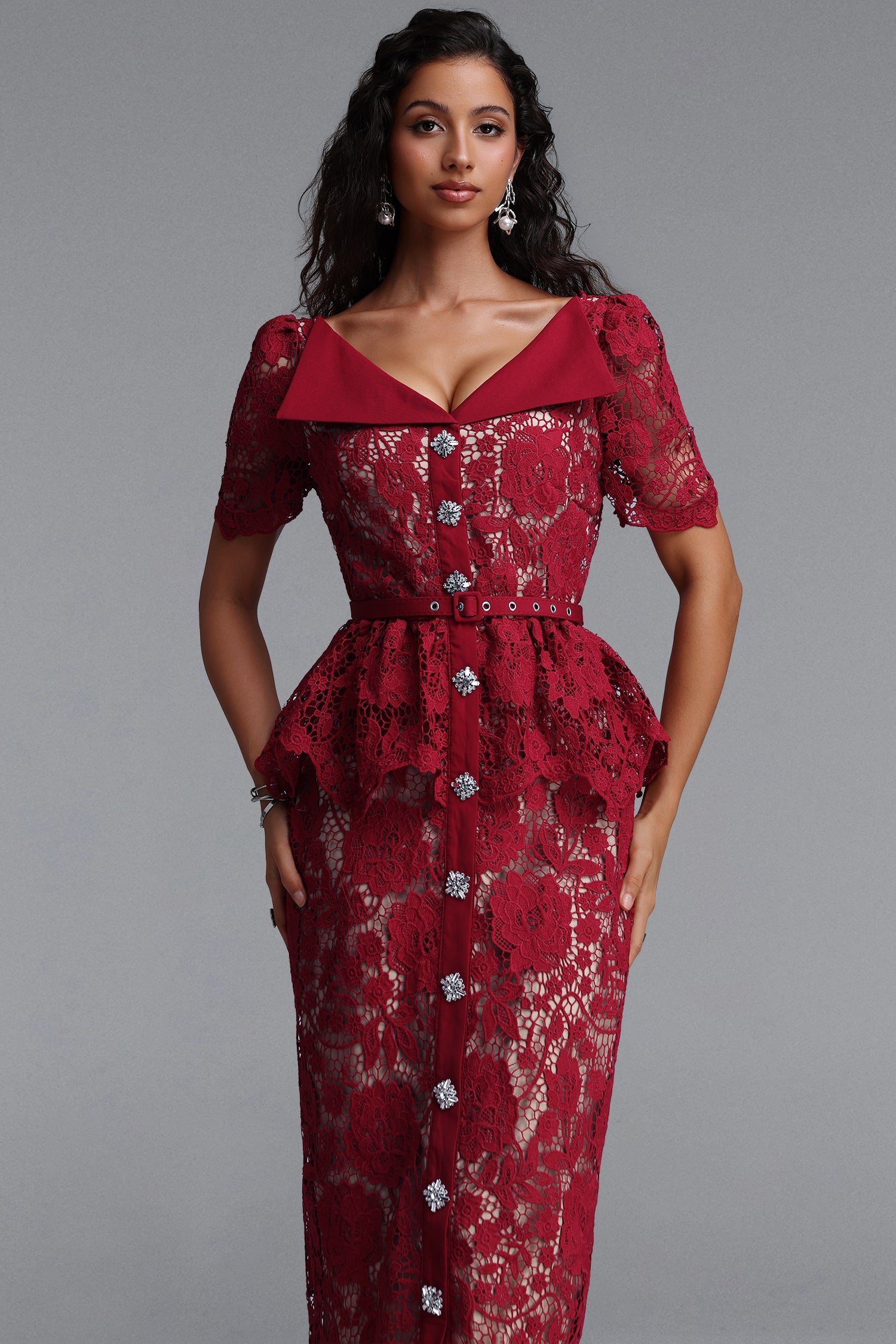 Quinn Elegant Cinched Short Sleeve Floral Lace Red Maxi Dress	