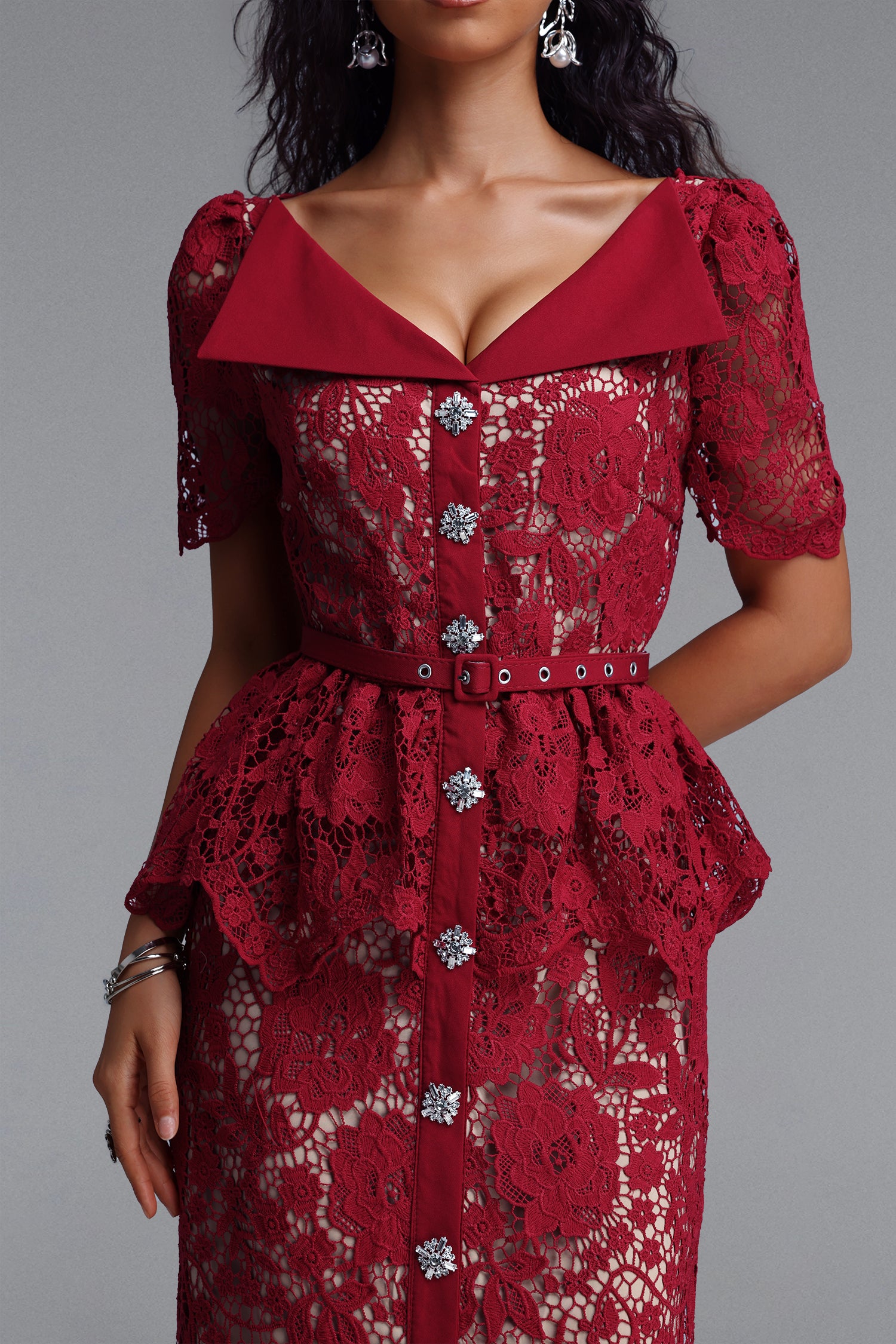 Quinn Elegant Cinched Short Sleeve Floral Lace Red Maxi Dress	