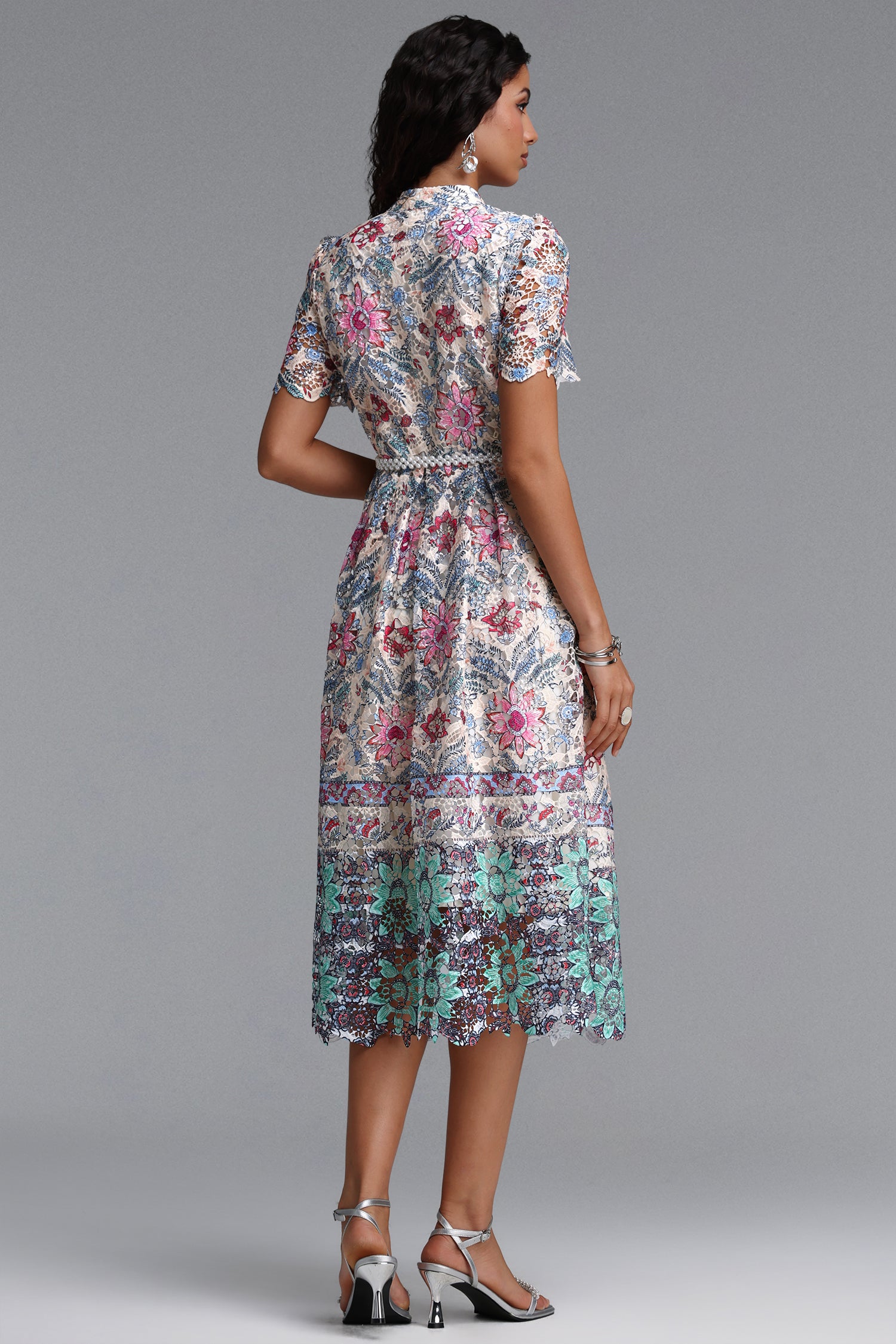 Rojo Resort Flowy Short Sleeve Floral Print Lace Midi Dress	