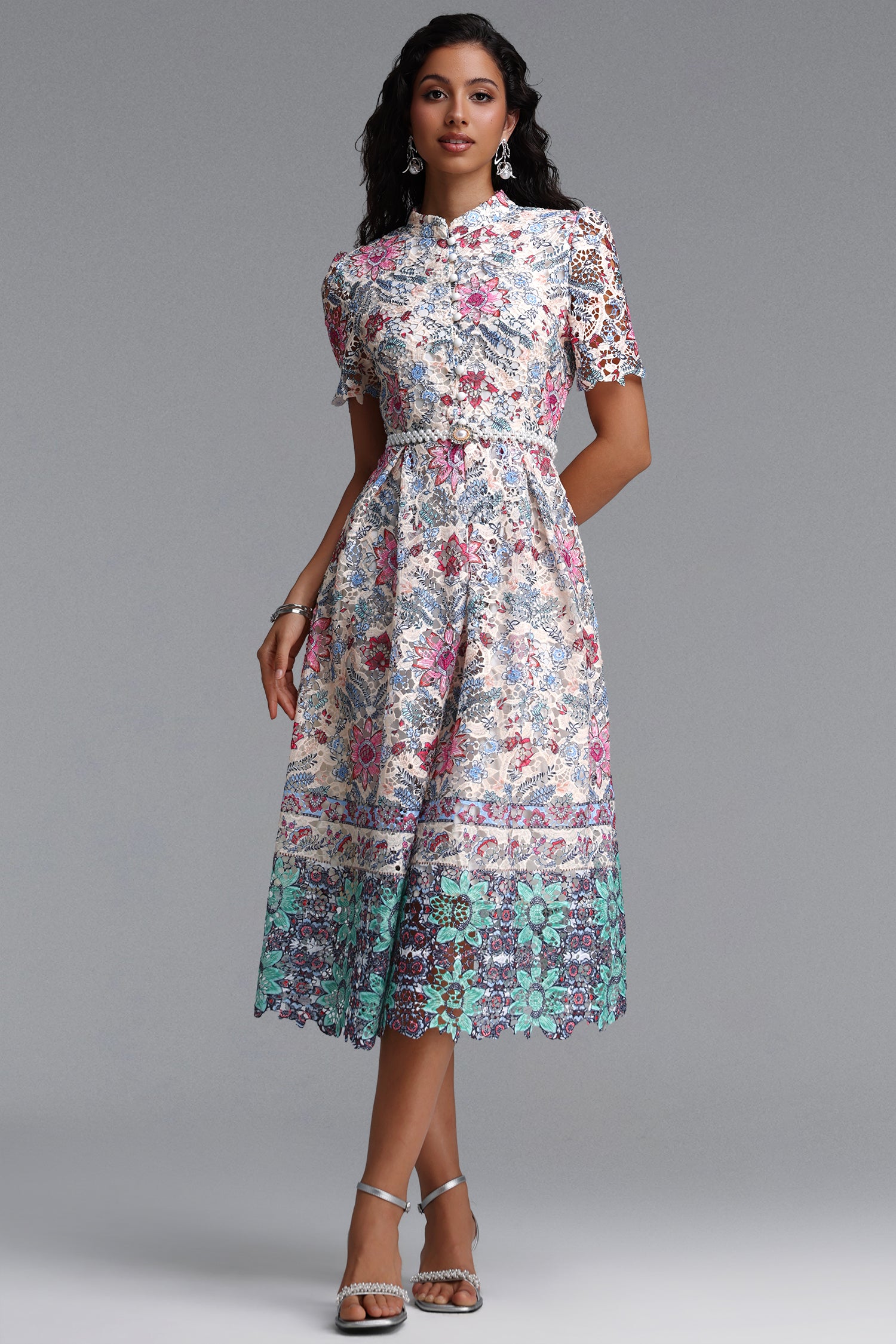 Rojo Resort Flowy Short Sleeve Floral Print Lace Midi Dress	