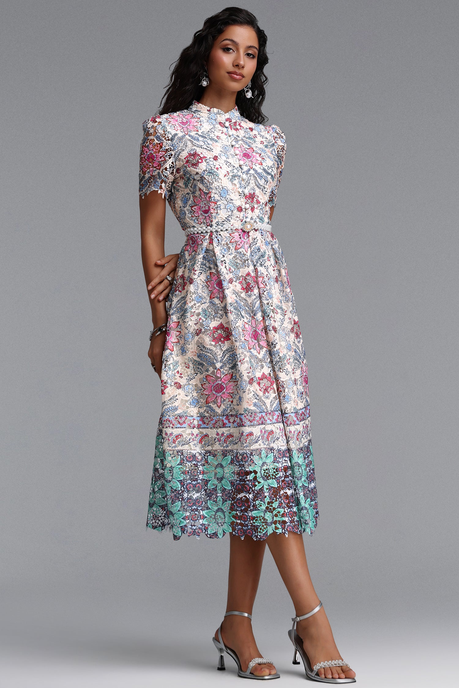 Rojo Resort Flowy Short Sleeve Floral Print Lace Midi Dress	