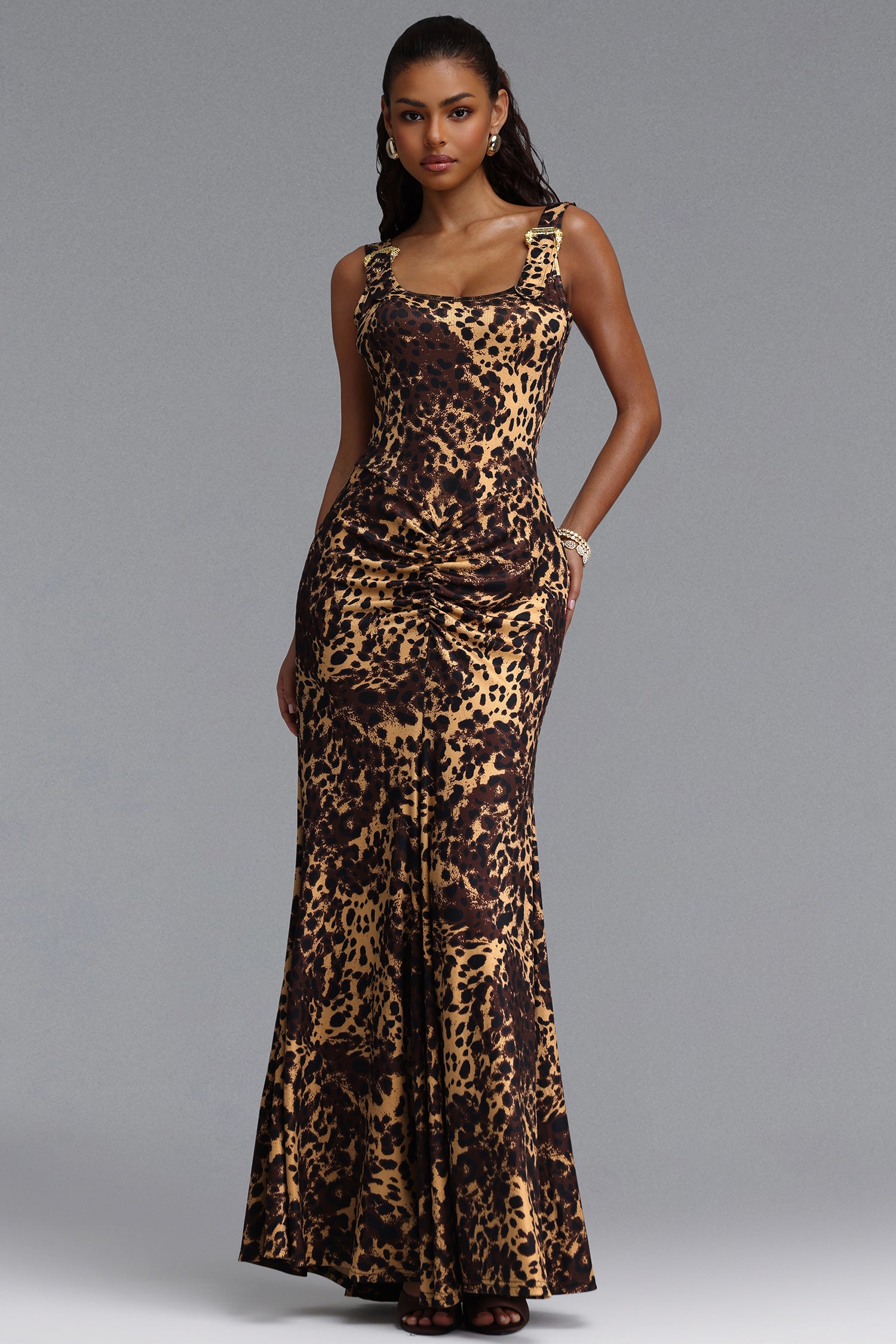Evelina Sexy Contour Ruched Waist Sleeveless Leopard Print Knit Maxi Dress	