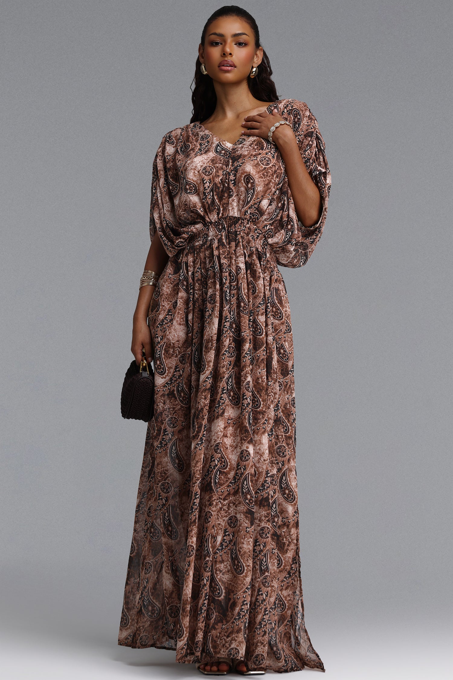 Zandra Romantic Flowy V Neck Paisley Print Chiffon Maxi Dress	