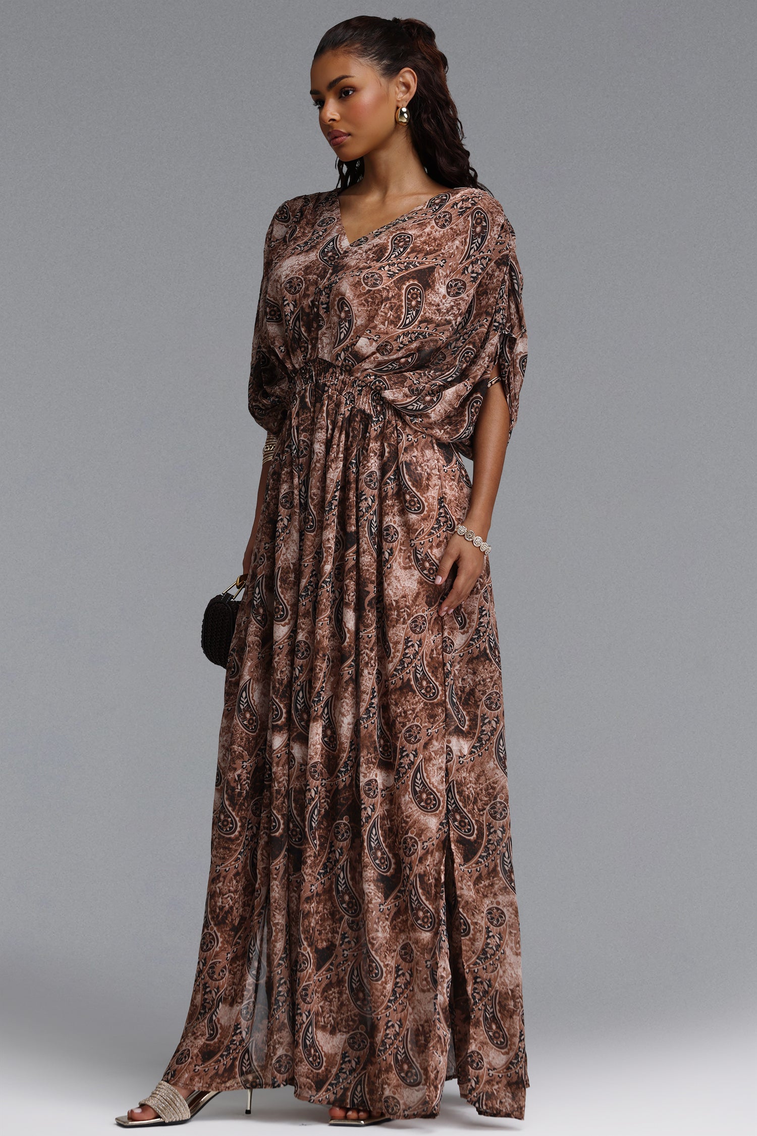 Zandra Romantic Flowy V Neck Paisley Print Chiffon Maxi Dress	