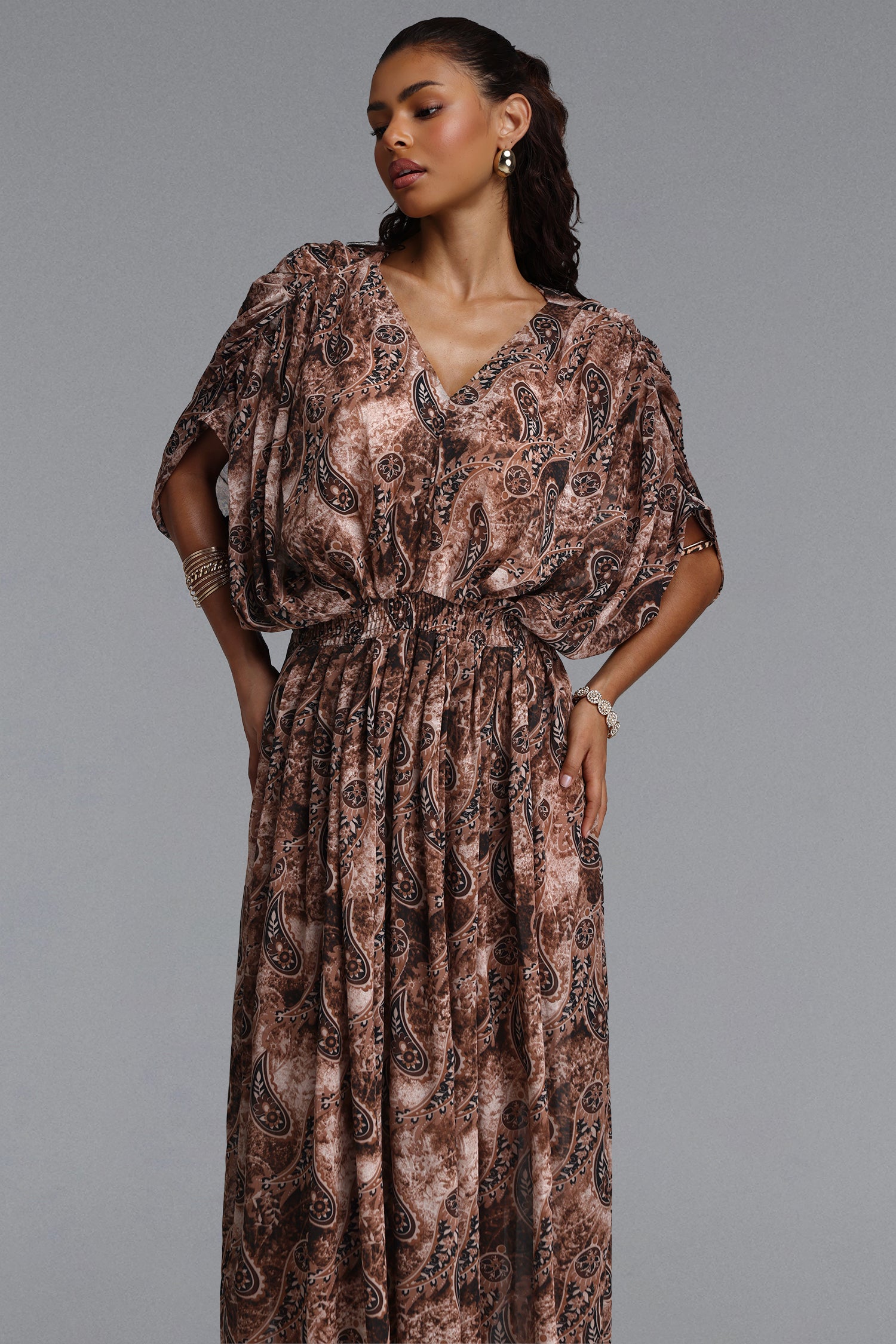 Zandra Romantic Flowy V Neck Paisley Print Chiffon Maxi Dress	